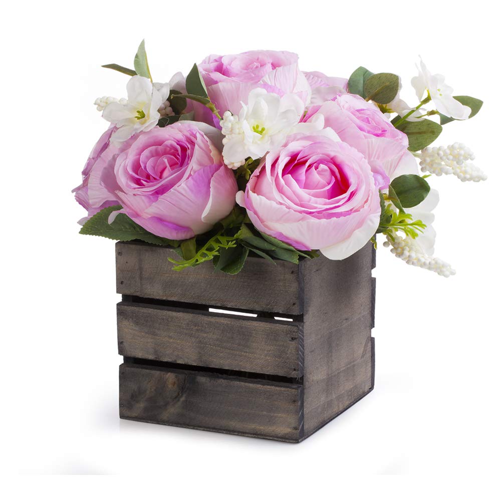 Enova Home 12-Pack Mixed Artificial Silk Rose Flowers in Wood Planter - Pink Floral Arrangement for Wedding, Home, Office Decor | Perfect for Centerpieces, Table Decorations & Gift Giving