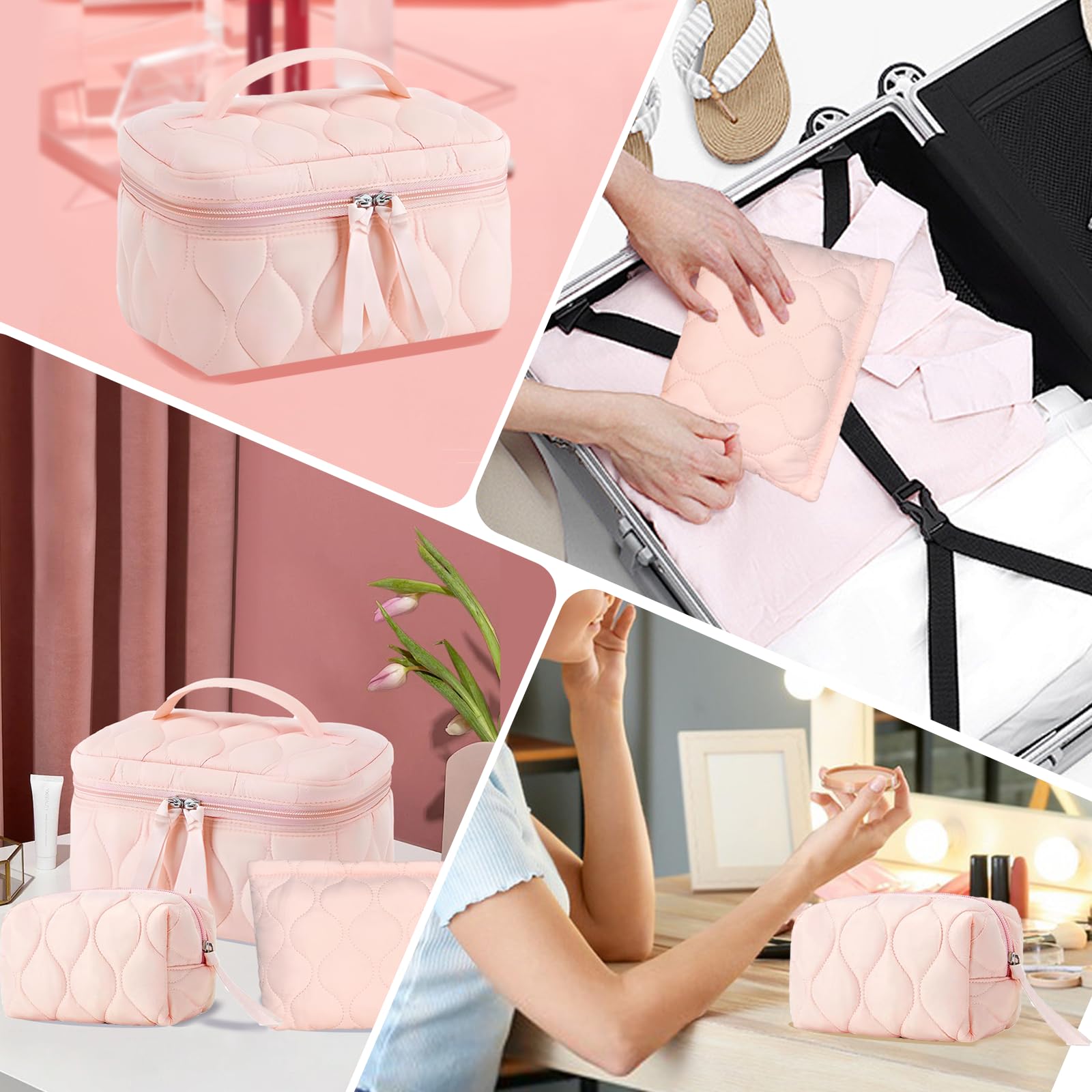 3 PCS Quilted Makeup Bag Set - Small Medium Large Cosmetic Organizer for Women & Girls, Cute Puffy Travel Toiletry Bags in Pink - Perfect for Travel, Gym, and Daily Beauty Storage