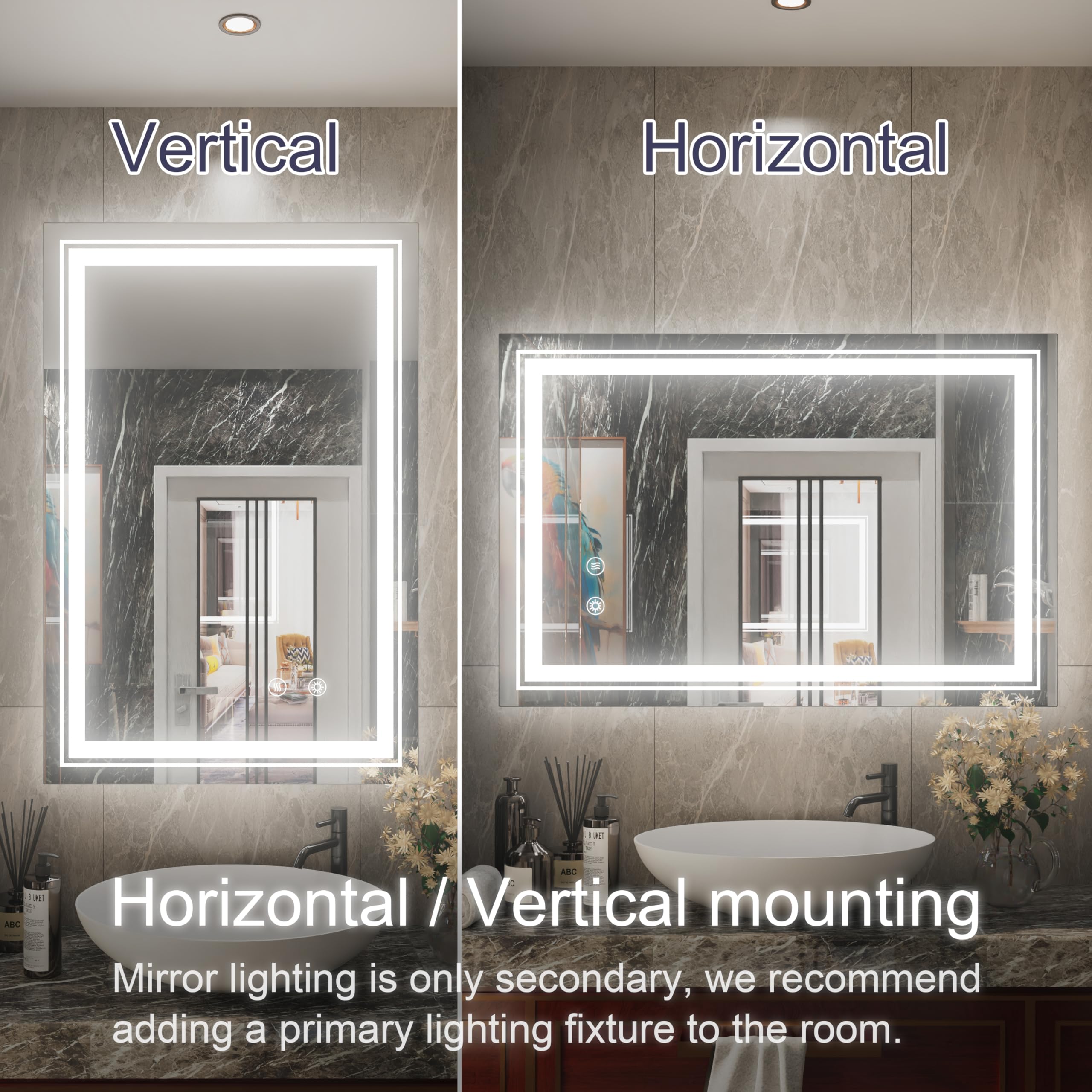 24 x 36 Inch LED Bathroom Mirror with Lights - Dimmable Anti-Fog Vanity Mirror with Memory Function, 6000K Natural Light, Wall Mounted (Horizontal/Vertical) for Makeup, Shaving & Home Decor