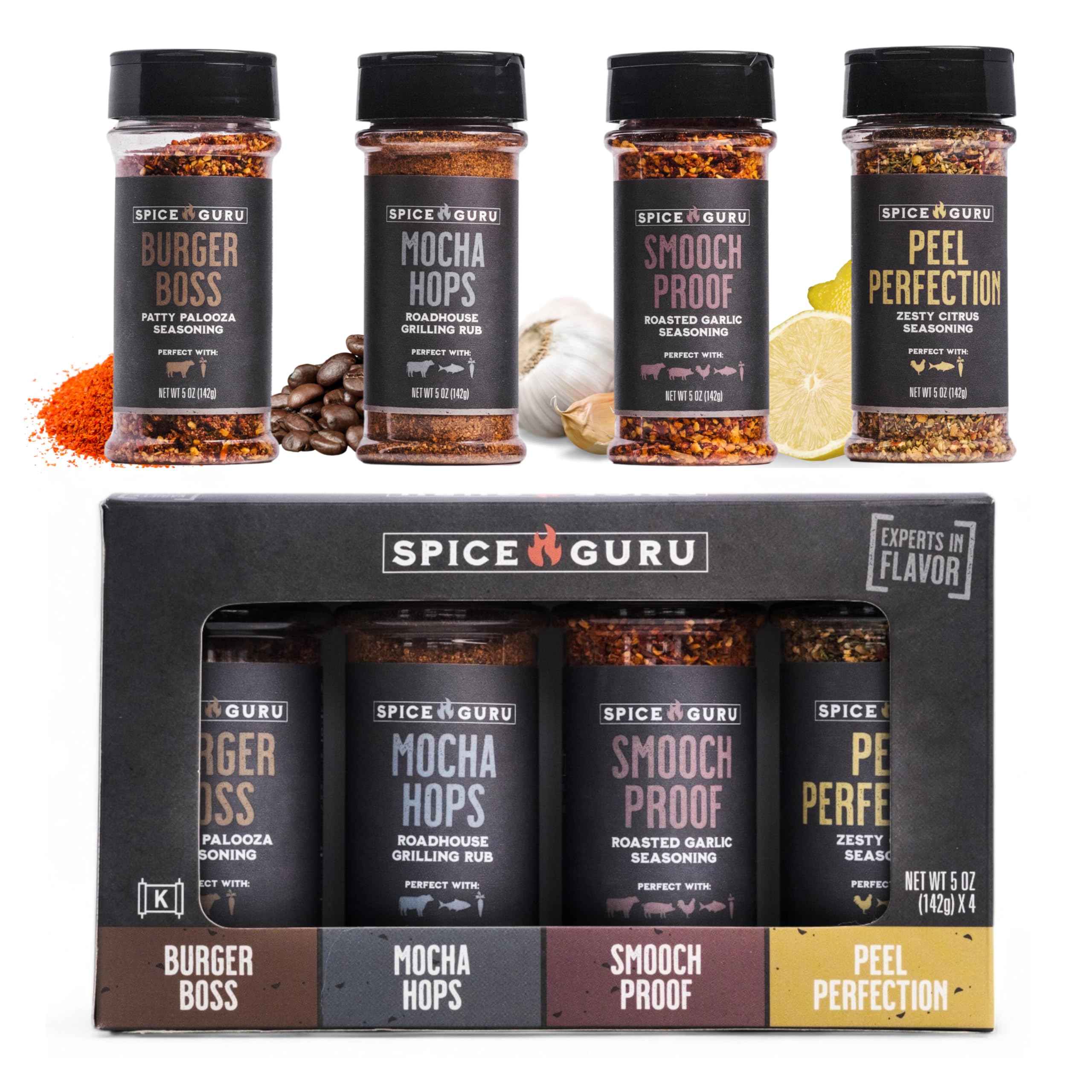 Spice Guru Premium Grill Seasoning Gift Set - 4 Flavor BBQ Spice Rubs for Steak, Chicken & Pork - Best Grilling Gifts for Men, Dad & Home Chefs - Perfect for Backyard BBQs, Tailgating & Holiday Cooking