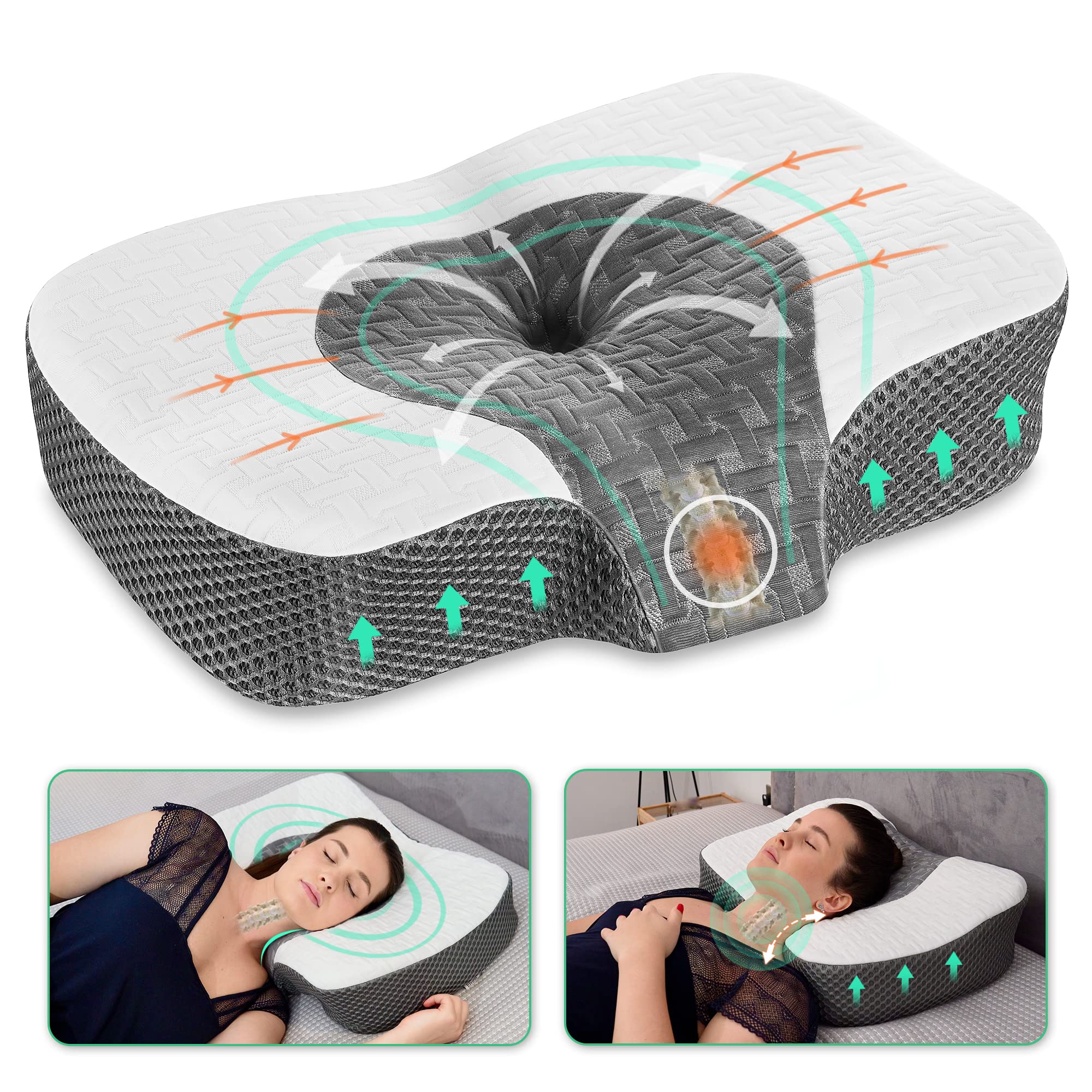 Elviros Cervical Memory Foam Neck Pillow for Side, Back & Stomach Sleepers - Orthopedic Contour Pillow with Adjustable Ergonomic Support for Pain Relief - CertiPUR-US Certified (White) - Perfect for Travel, Office & Home Use