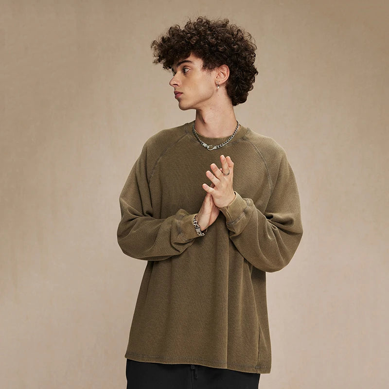 Vintage Washed Batik Men's T-Shirt - Solid Color Crew Neck Long Sleeve Loose Fit Pullover Tee for Men | Casual Wear, Street Style & Retro Fashion Outfits