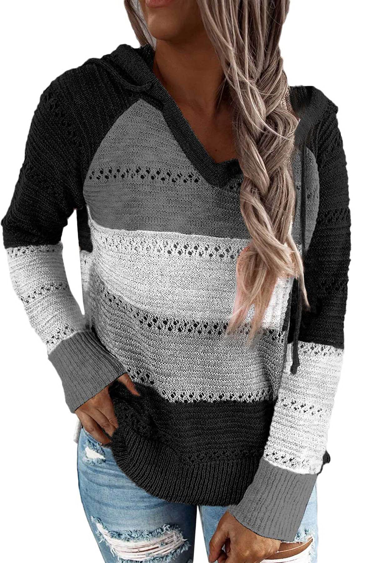 NEYOUQE Women's Long Sleeve Color Block Pullover Sweater - Striped Casual Hoodie Cardigan for Fall & Winter - Perfect for Office, Travel and Everyday Wear