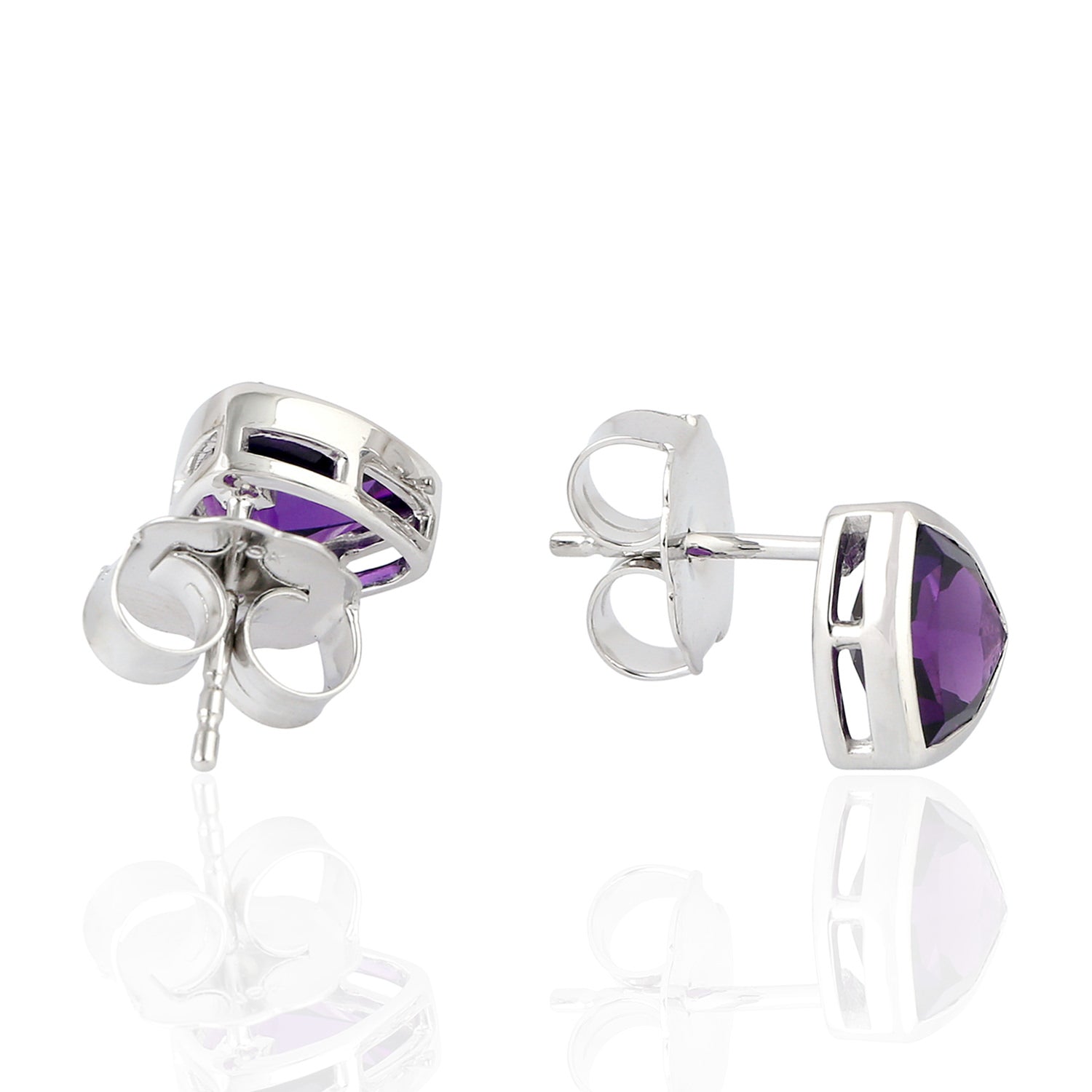 18K White Gold Bezel Set Amethyst Gemstone Triangle Stud Earrings - Elegant Jewelry for Women, Perfect for Weddings, Parties & Daily Wear
