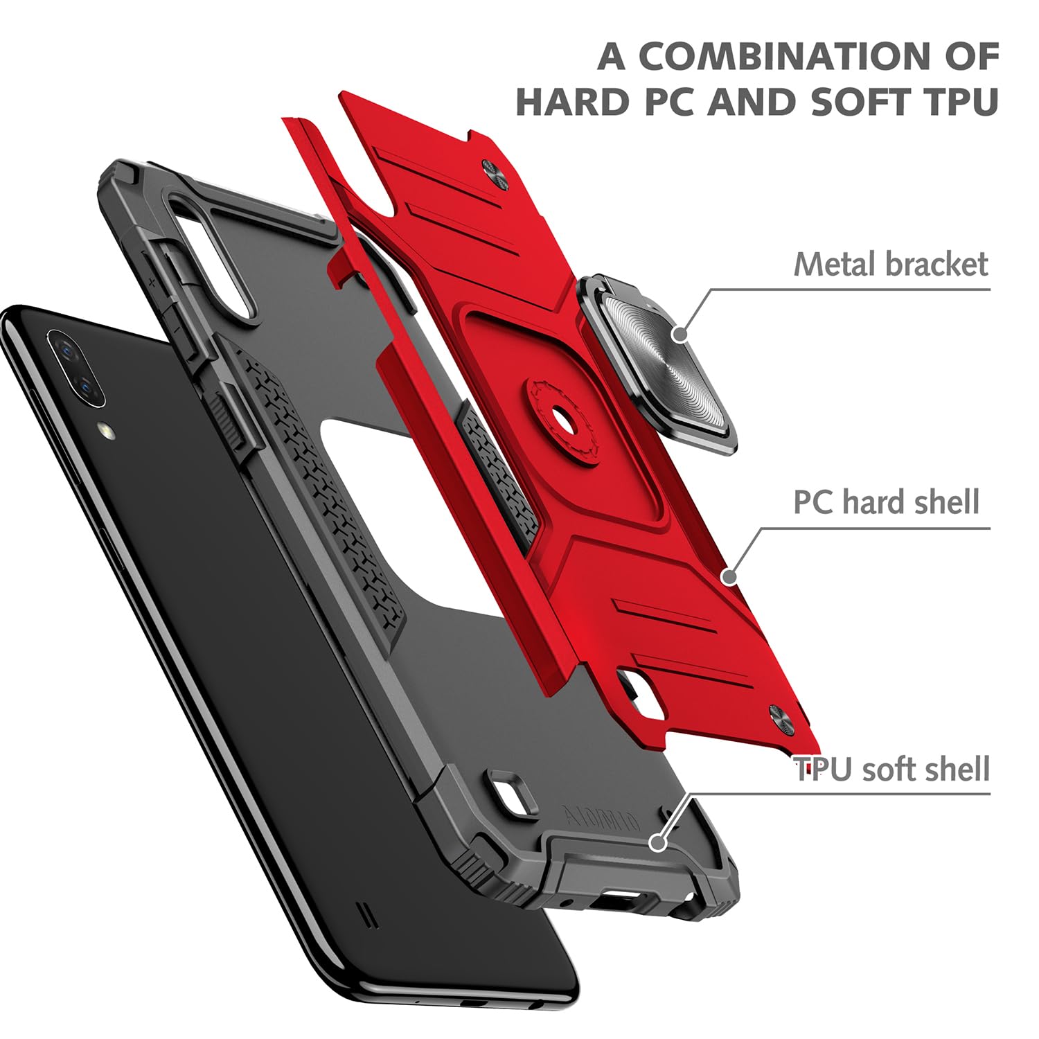 Military Grade Shockproof Case for Samsung Galaxy A10 & M10 with Built-in Kickstand - Heavy Duty Protective Cover with Holster Armor (Red) - Perfect for Outdoor Activities, Work & Travel