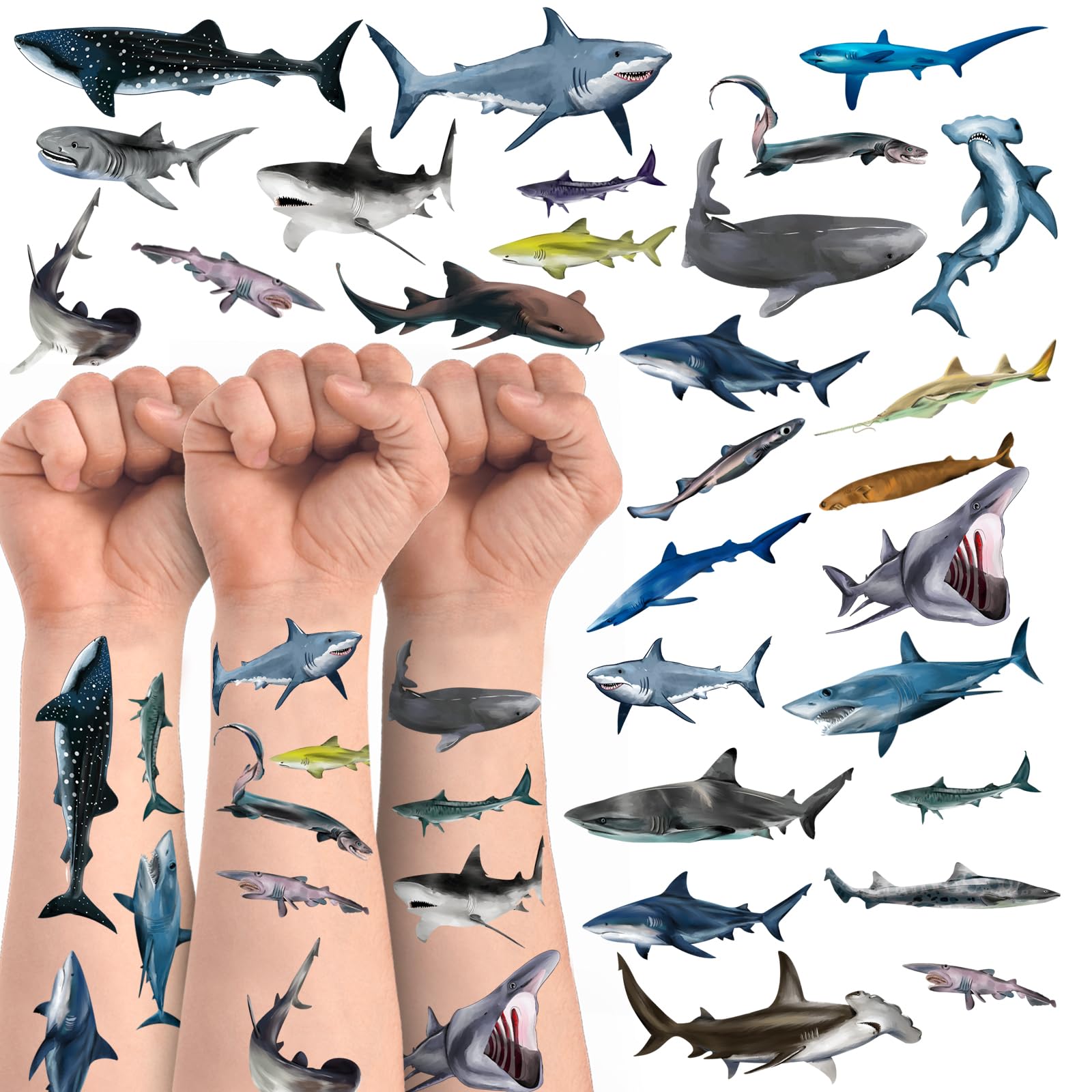 Shark Tattoos Stickers - 16 Sheets 108 Pieces Temporary Shark Tattoos for Kids & Adults - Waterproof Fake Tattoos for Pool Parties, Beach Events, Birthday Decorations & Summer Fun