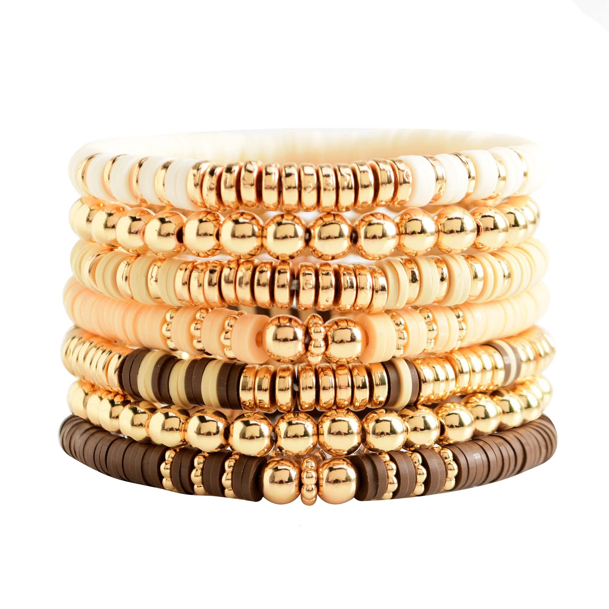 GOOJIDS Surfer Heishi Clay Bead Bracelets for Women - Bohemian Stackable Gold Beaded Stretch Bracelets Set - Elastic Layering Friendship Jewelry for Beach, Festival & Everyday Boho Style