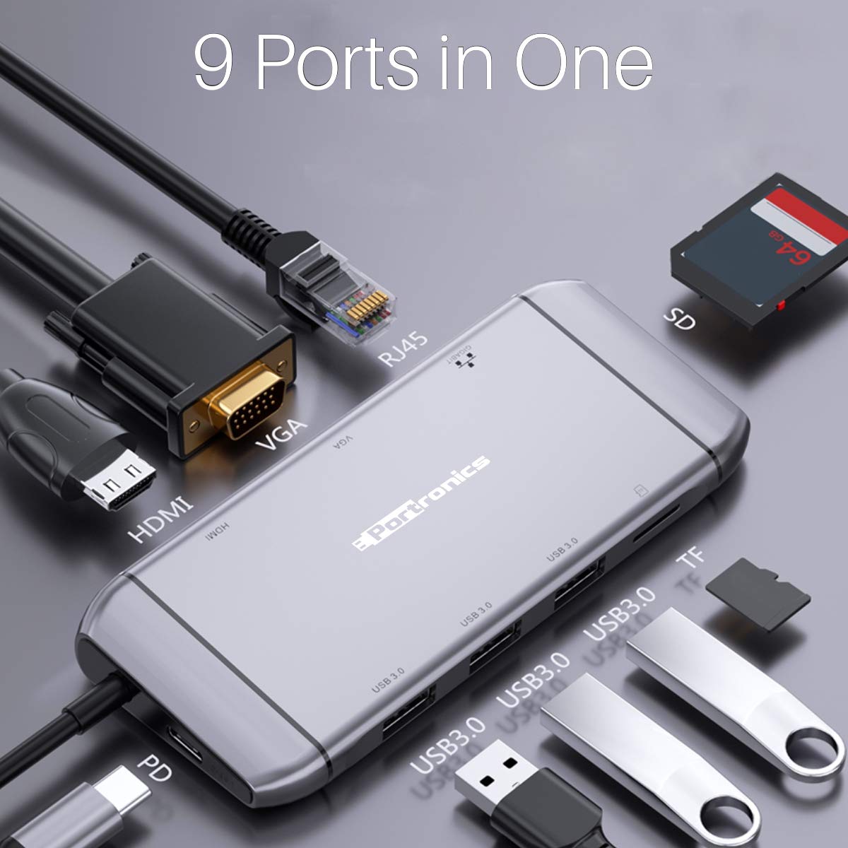9-in-1 USB C Hub Multiport Adapter with 4K HDMI, 100W PD, USB 3.0 Ports - Compatible with MacBook Pro/Air, Windows, Chromebook, iPad Pro (Space Gray) - Perfect for Home Office, Travel & Conference Presentations