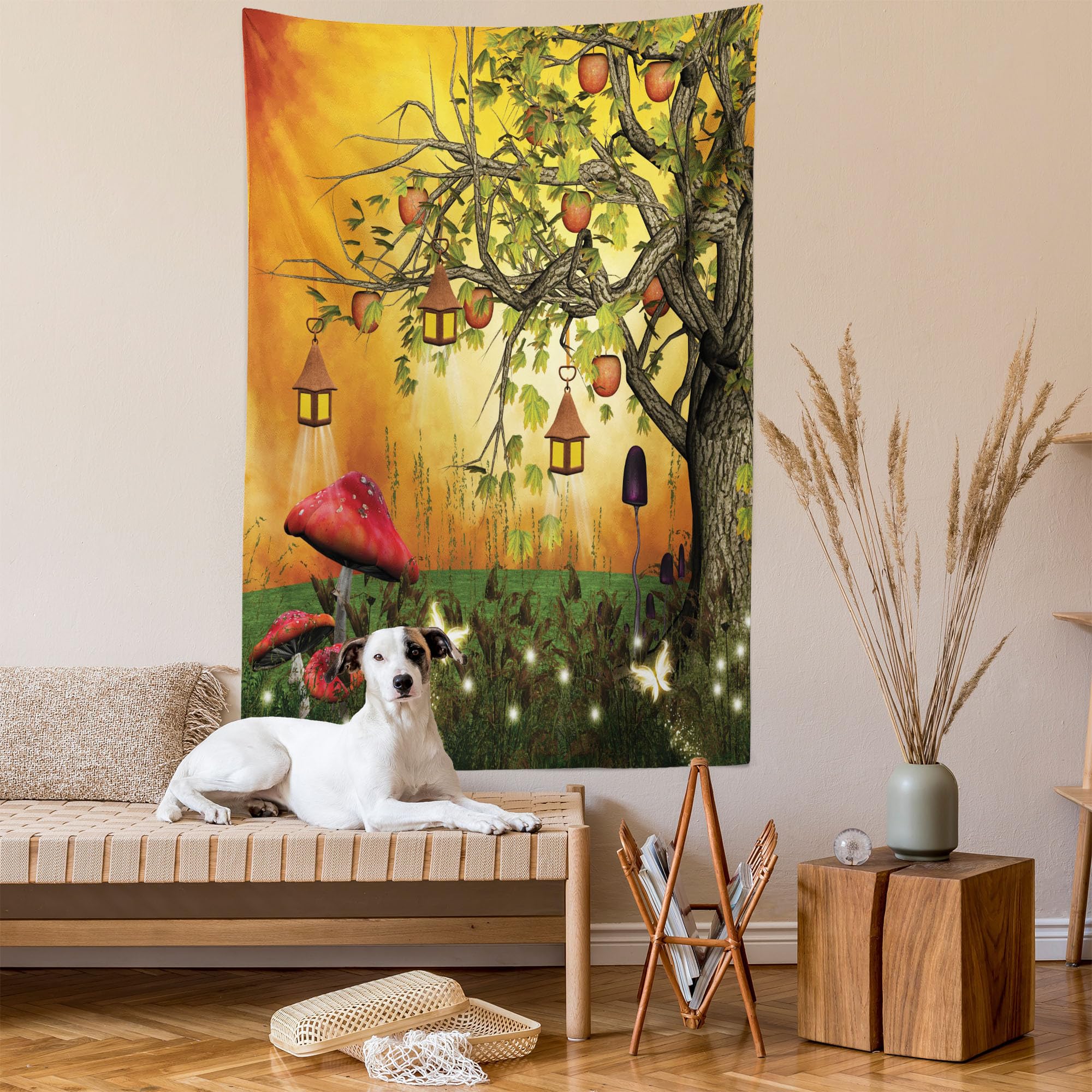 Ambesonne Fantasy Tapestry - Enchanted Forest Wall Art with Fairies, Butterflies & Elves Under Apple Tree | 60x80 Inch Orange Wall Hanging for Bedroom, Living Room, Dorm Decor | Perfect for Boho, Fairy Tale & Fantasy Theme Rooms
