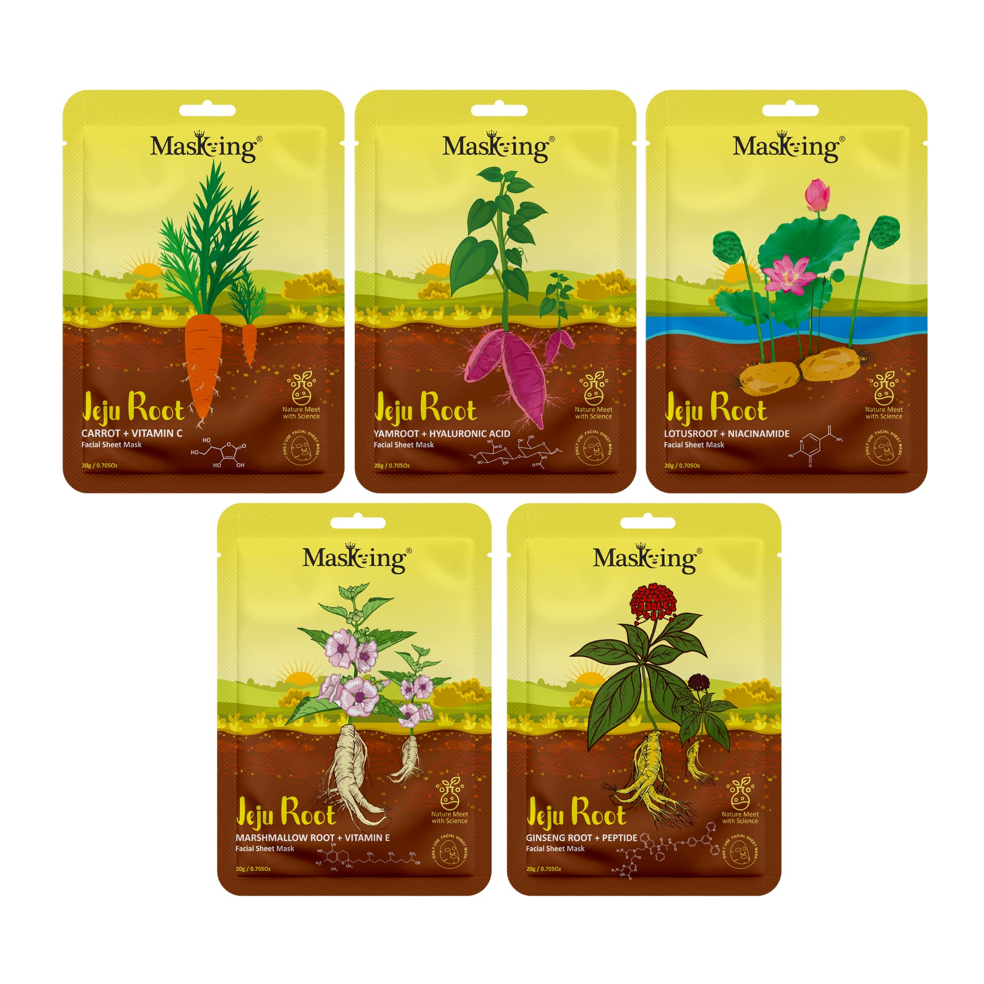 Jeju Root Brightening & Firming Face Mask for Men & Women - Pack of 5 | Hydrating Sheet Mask for Glowing Skin, Dark Spot Reduction & Anti-Aging | Perfect for Daily Skincare Routine & Spa Night