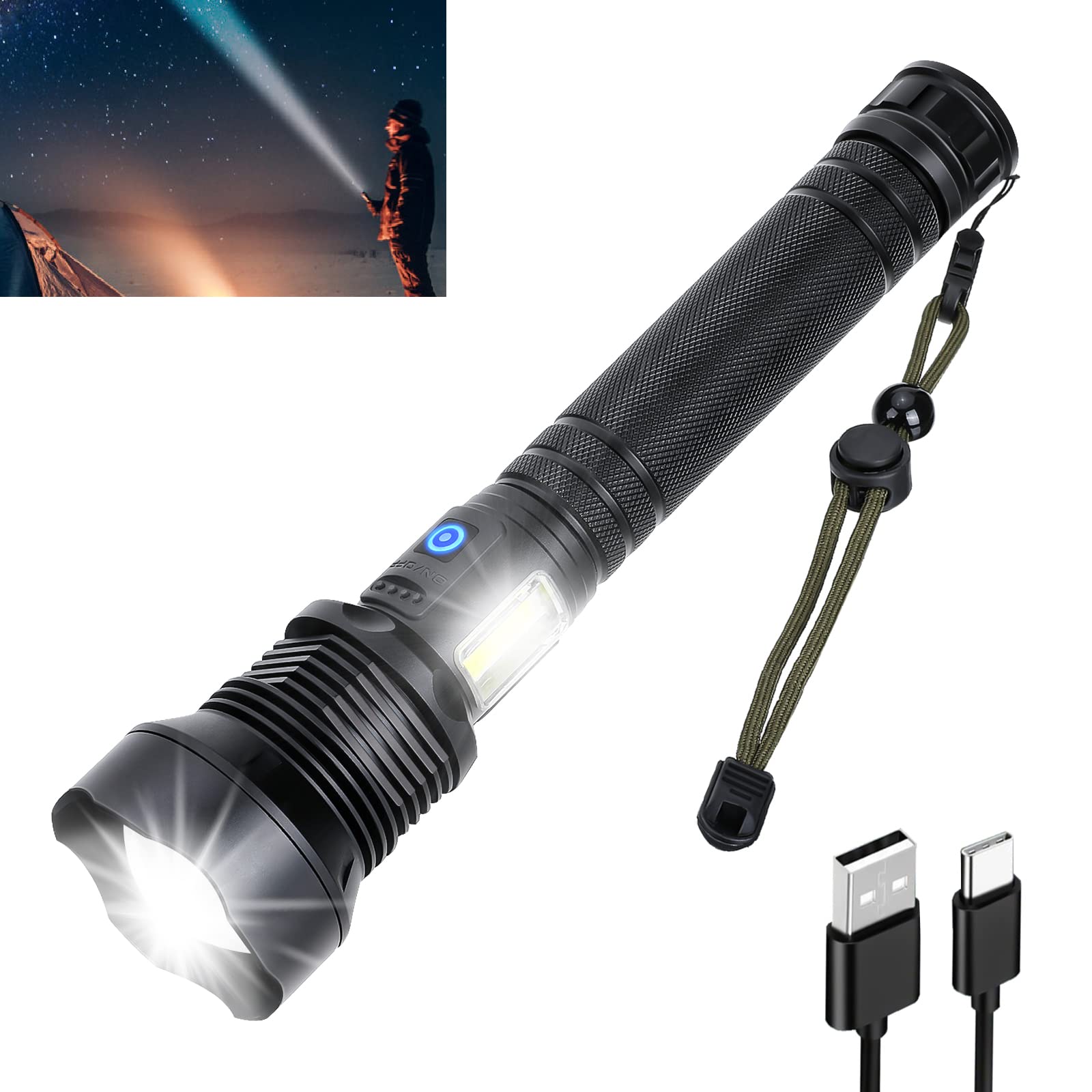 Rechargeable Tactical Flashlight 90,000 Lumens Super Bright LED - Zoomable Waterproof Flashlight with COB Sidelight & 7 Modes - USB Powered for Camping, Hiking, Outdoor Adventures & Emergency Preparedness