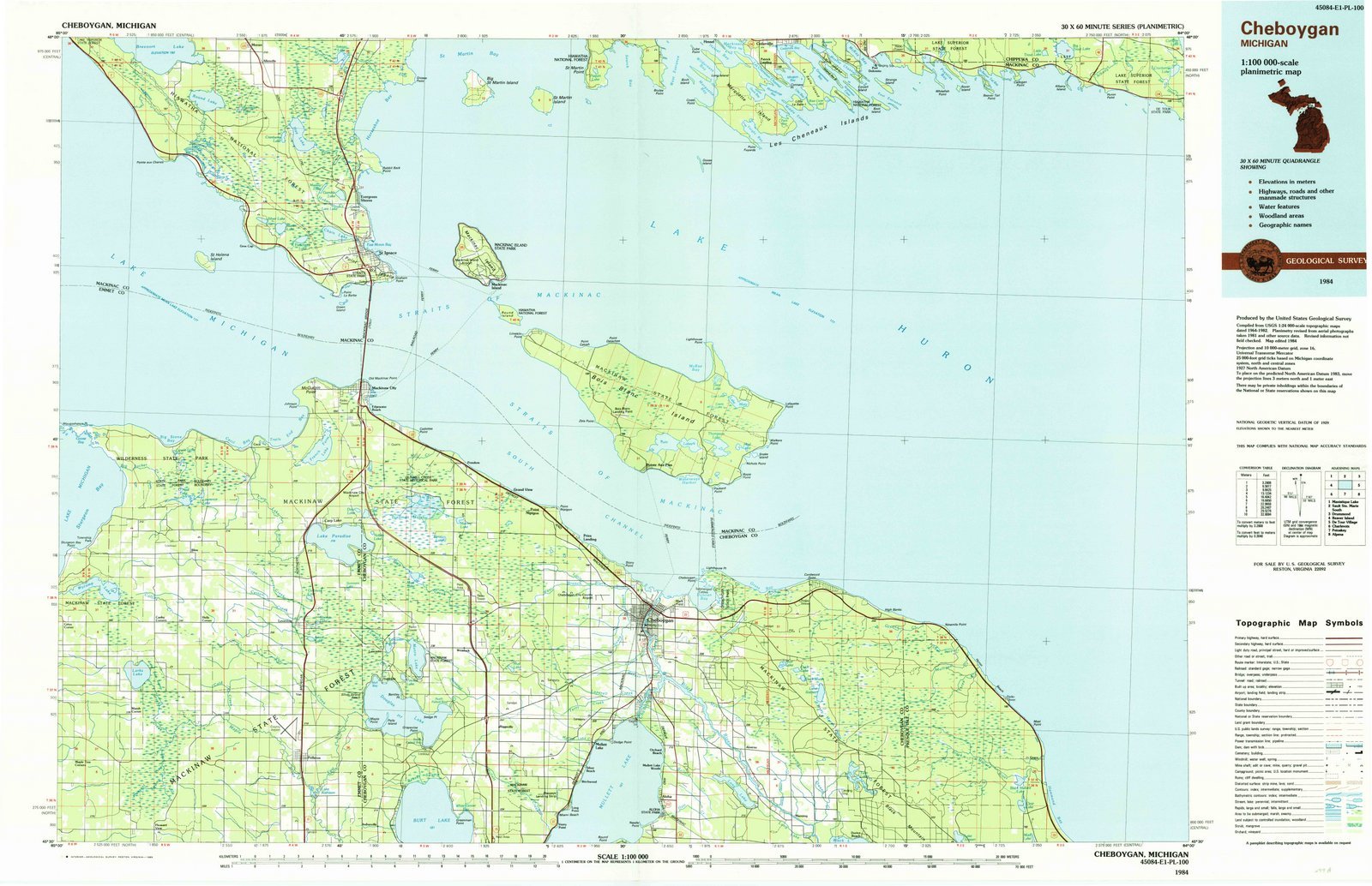 1984 Cheboygan Michigan USGS Historical Topographic Map - 54x36 Inch Large Wall Art Decor - Perfect for Home, Office & Classroom Geography Displays