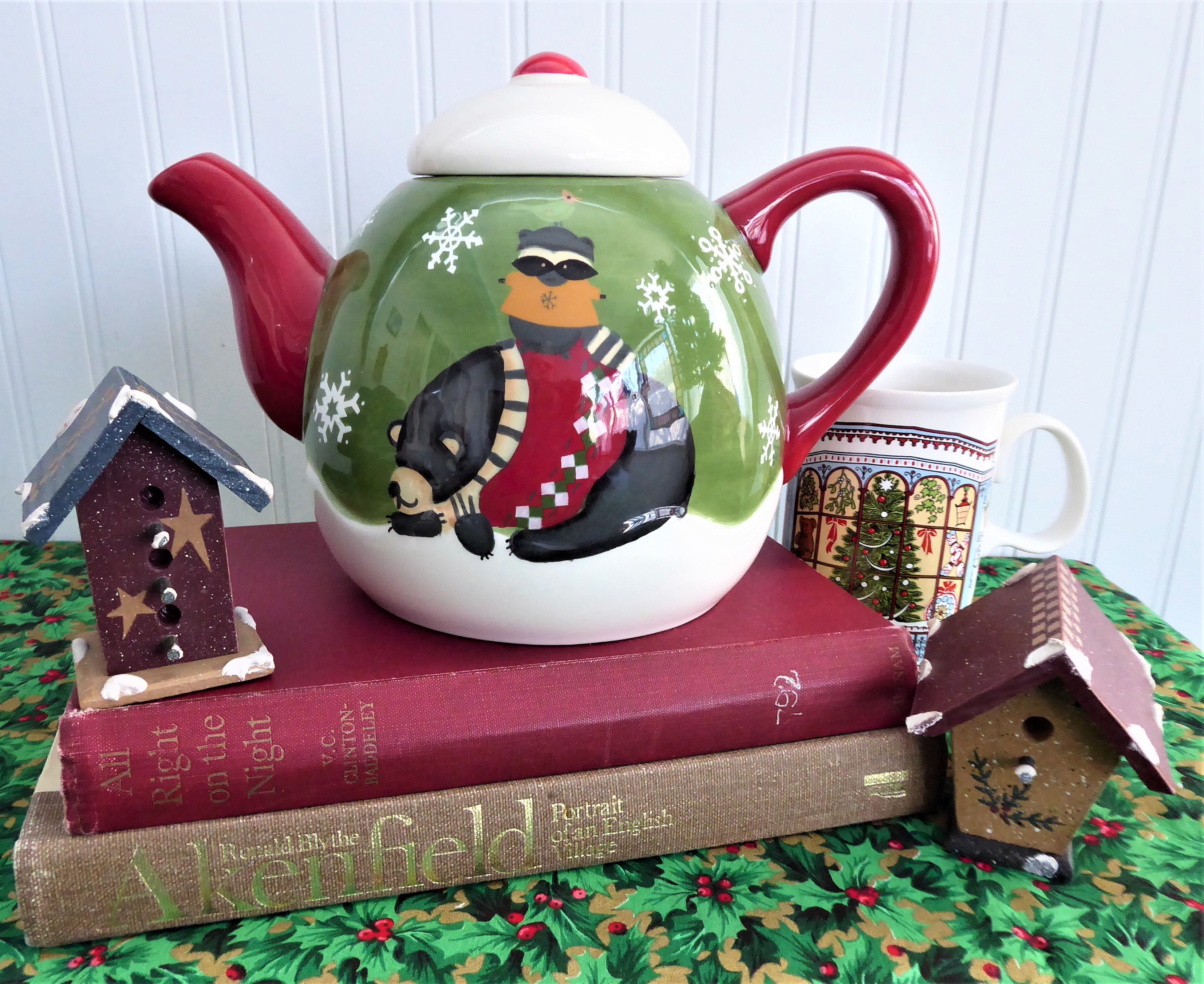 Debbie Mumm Christmas Winter Folk Art Teapot with Bear and Raccoon Design - Large Holiday Teapot for Winter Decorations, Gift Giving & Cozy Tea Time