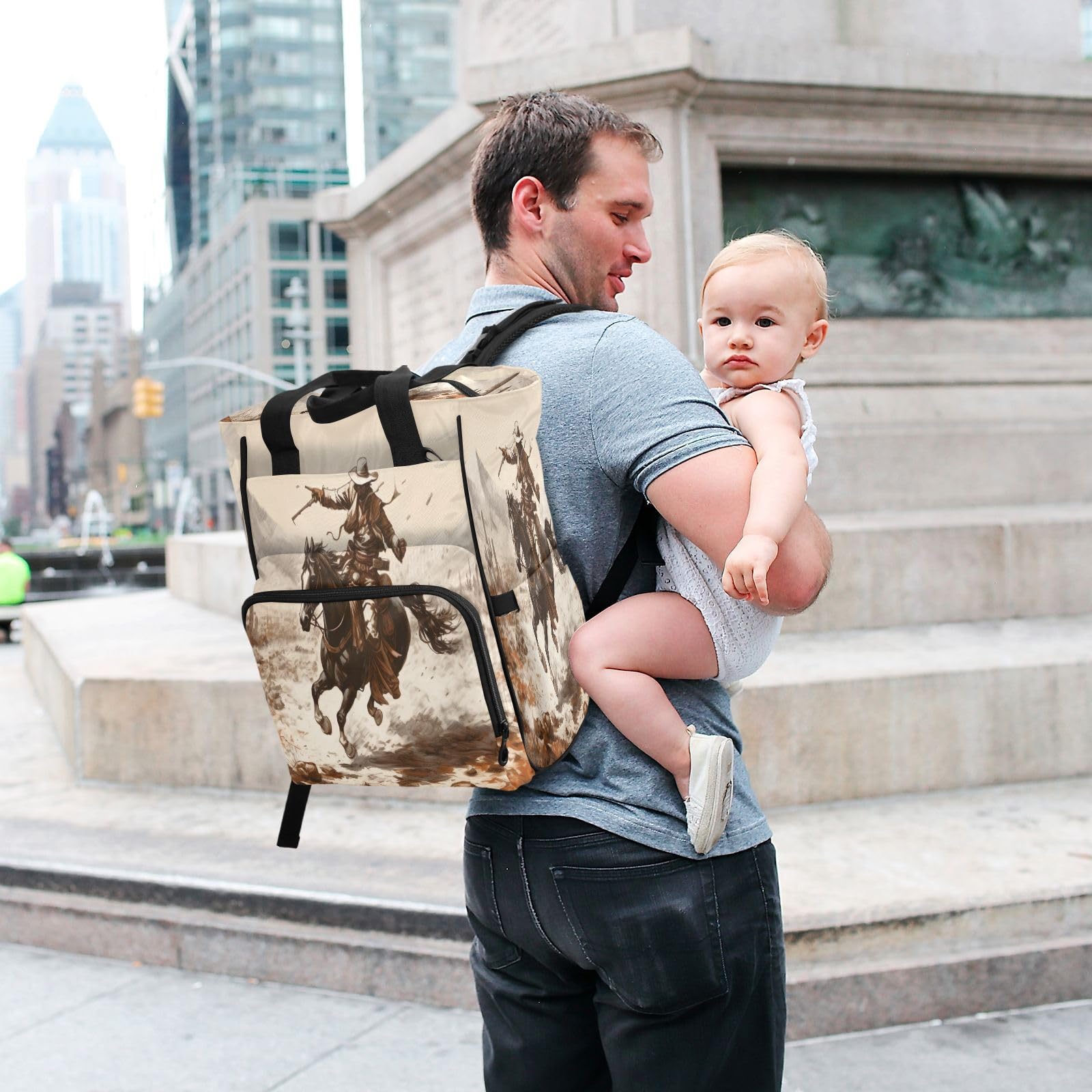 Western Desert Cowboy Diaper Backpack - Large Capacity Baby Bag for Women & Men, Multifunctional Travel Diaper Bag with Insulated Pockets & Stroller Straps | Perfect for Outings, Travel, and Daily Baby Care