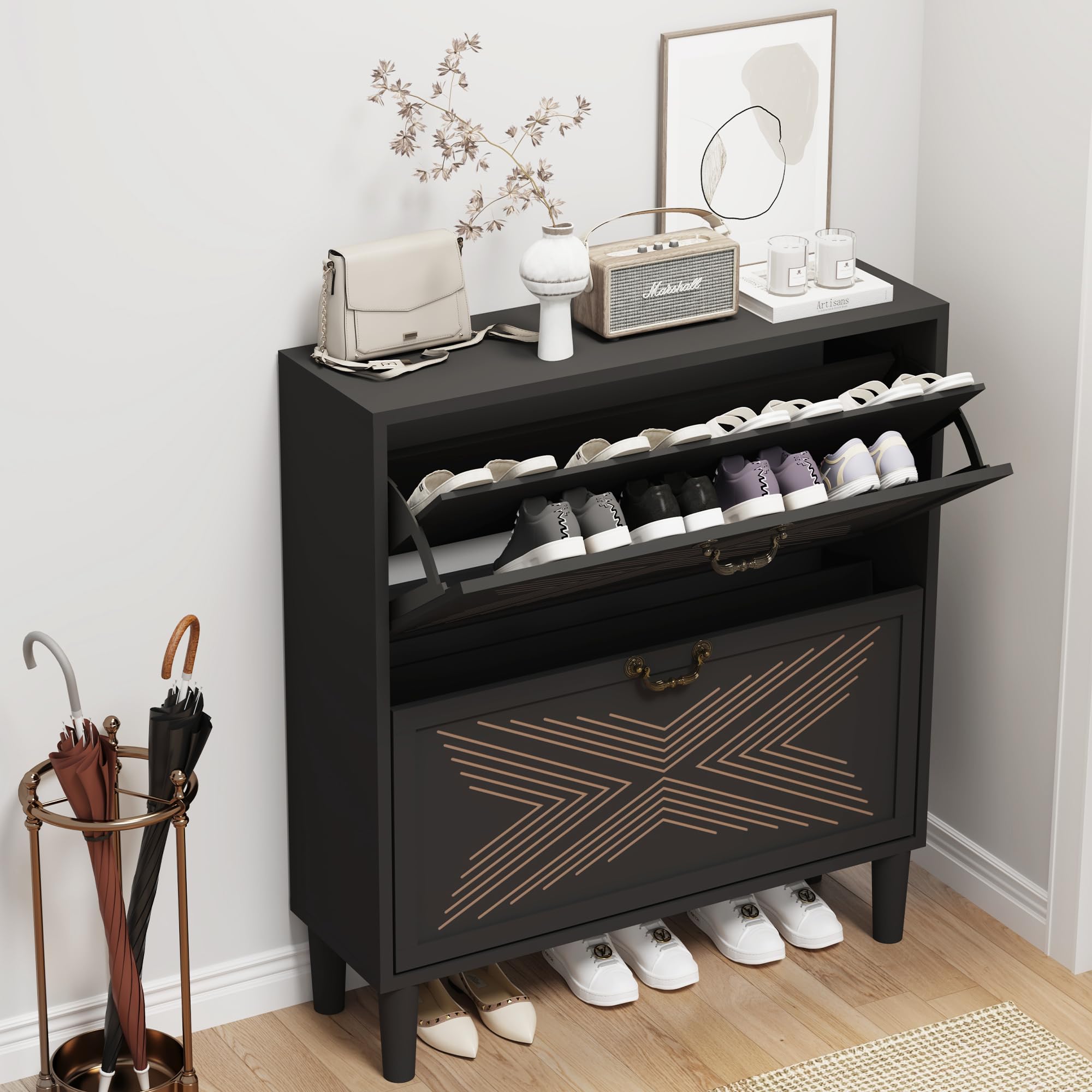 2-Drawer Shoe Cabinet with Flip Doors - Narrow Freestanding Shoe Storage Organizer for Entryway, Hallway & Closet - Carved Fluted Design (Black) - Perfect for Small Spaces & Apartment Living
