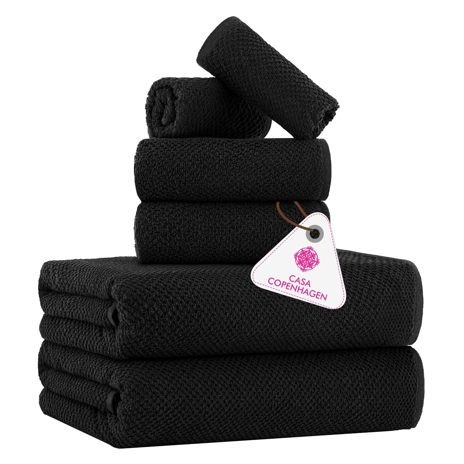 CASA COPENHAGEN 6-Piece Popcorn Textured Cotton Towel Set - 2 Bath Towels, 2 Hand Towels, 2 Washcloths (Black, 550 GSM) - Soft & Durable for Bathroom, Spa, Gym, and Beach Use - Perfect Gift Set for Home & Travel
