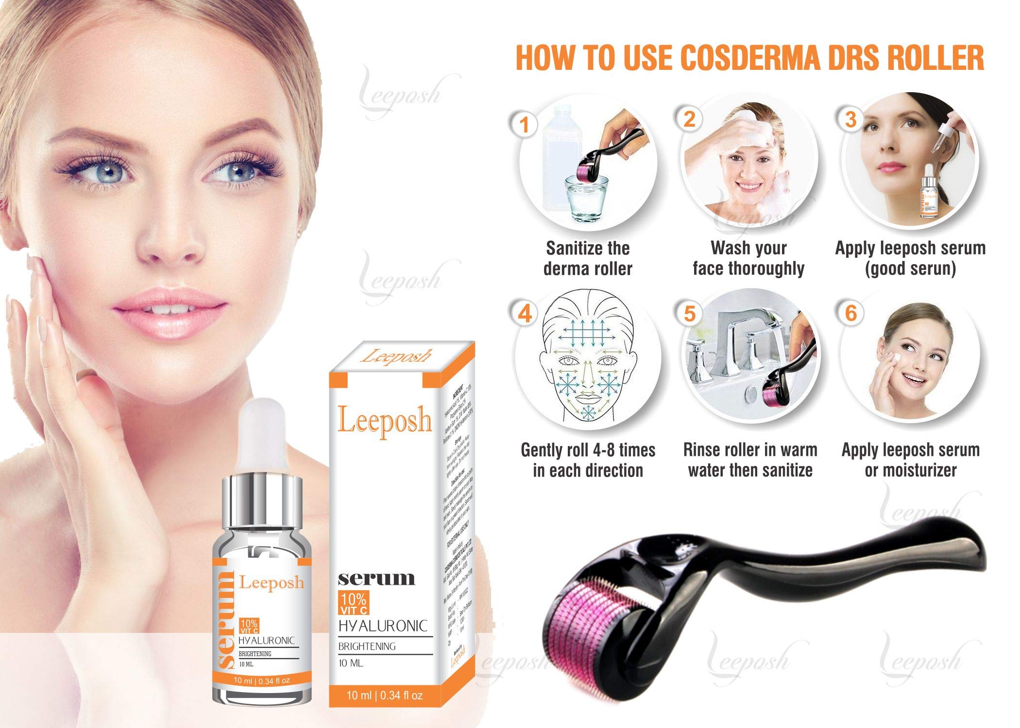 Leeposh Dermaroller Serum with 10% Hyaluronic Acid & Vitamin C - Anti-Aging, Intense Hydration & Moisturizing Face Serum for Glowing Skin | Non-Greasy, Vegan Formula | Perfect for Daily Skincare Routine & Nighttime Rejuvenation