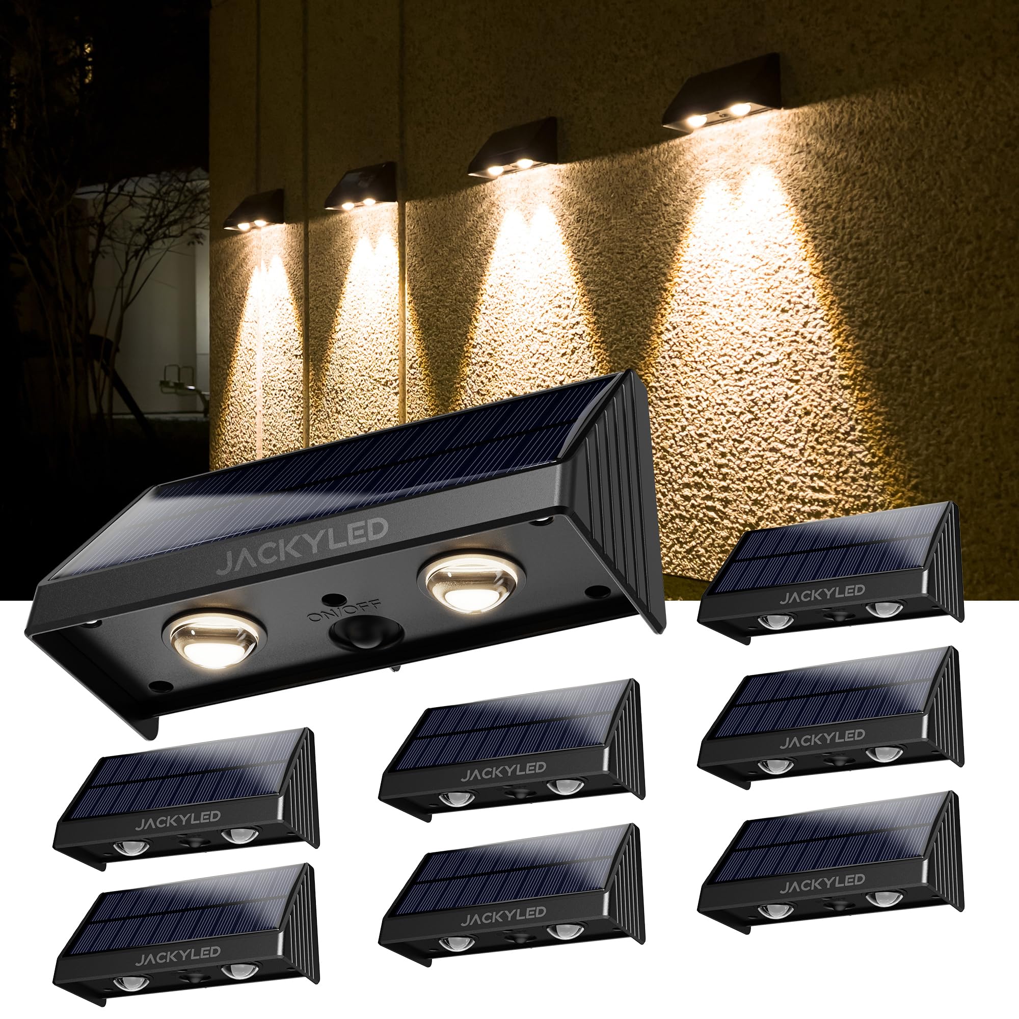 JACKYLED Solar Fence Lights Outdoor - 8 Pack Waterproof 50 Lumens Warm White Solar Powered Lights for Wall, Rail, Porch, Backyard & Garden Decor | Perfect for Pathway Lighting, Landscape Accents & Nighttime Safety