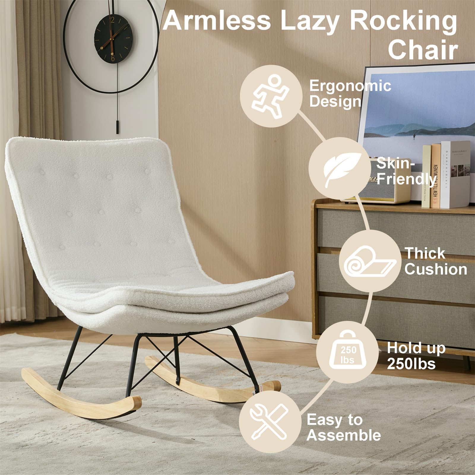 Modern Lazy Rocking Chair - Comfortable High Back Lounge Glider with Padded Seat, Stylish Accent Chair in Soft Linen Fabric (Cream) - Perfect for Living Room, Bedroom, Nursery or Office Relaxation