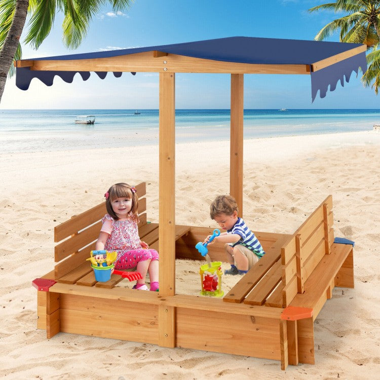Best Kids Wooden Sandbox with Canopy & 2 Bench Seats - Outdoor Play Sand Box for Toddlers & Children - Perfect for Backyard, Garden, or Patio Playtime