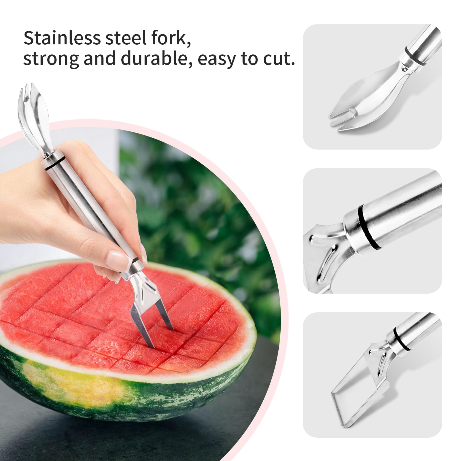 3-in-1 Stainless Steel Watermelon Slicer & Fruit Cutter Set with Fork, Spoon & Knife - Perfect for Camping, Picnics, BBQs & Outdoor Parties (1PC)