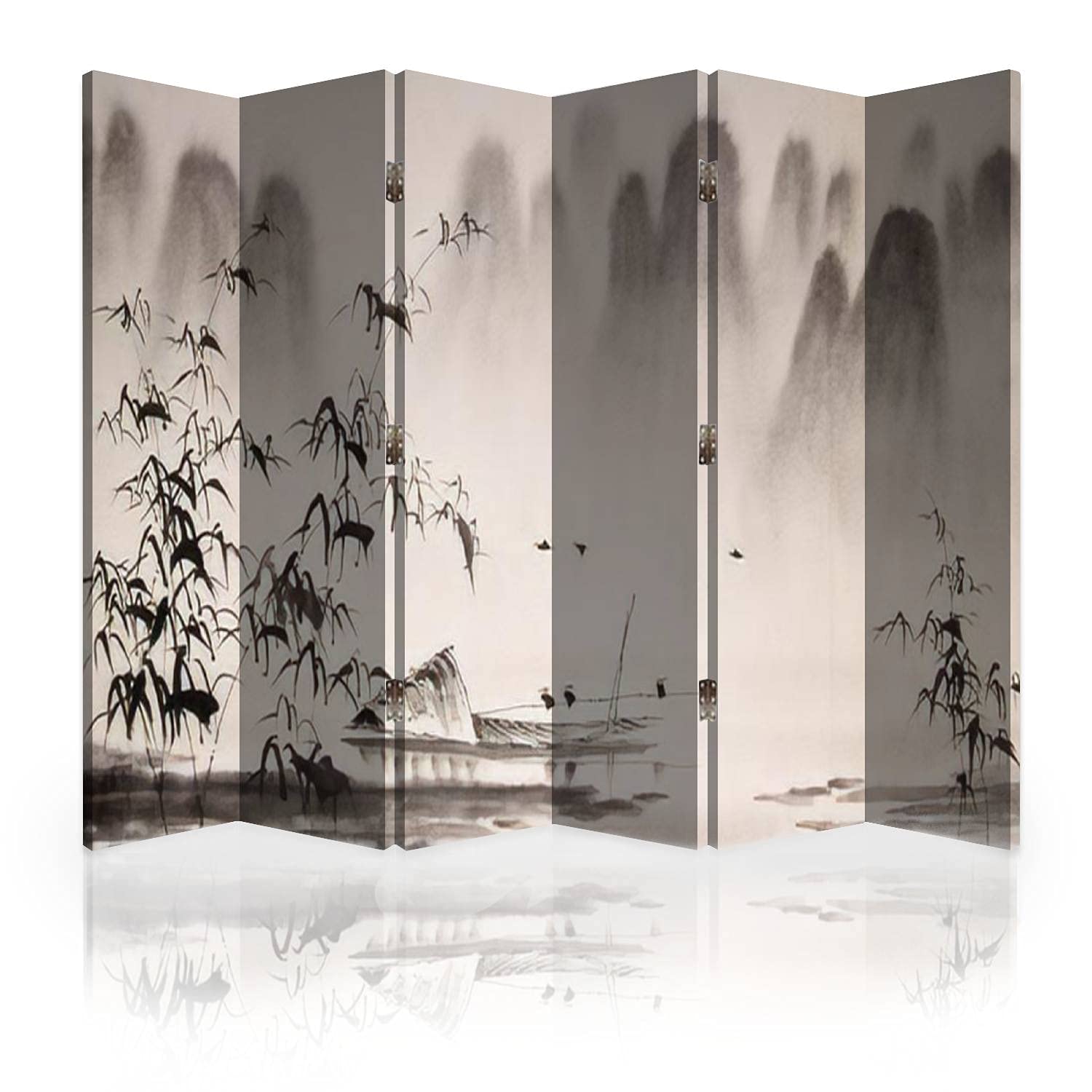 6 Panel Chinese Landscape Ink Painting Canvas Room Divider Screen - Foldable Privacy Partition Wall Separator for Bedroom, Office & Living Room Decor