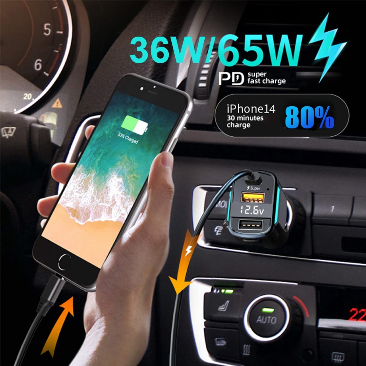 GemCoo 80W USB C Car Charger with PD 36W & QC3.0 Fast Charging - Dual Port Cigarette Lighter Adapter for iPhone 14/13/12/11, iPad, Samsung Galaxy S22/S21/S10 - Perfect for Road Trips & Long Drives