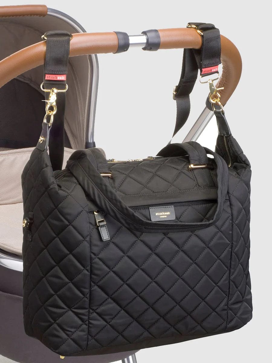 Storksak Stevie Quilted Diaper Bag - Stylish Baby Changing Bag for Moms, Large Capacity Organizer with Insulated Bottle Pockets, Perfect for Travel, Shopping & Daily Use (Black)