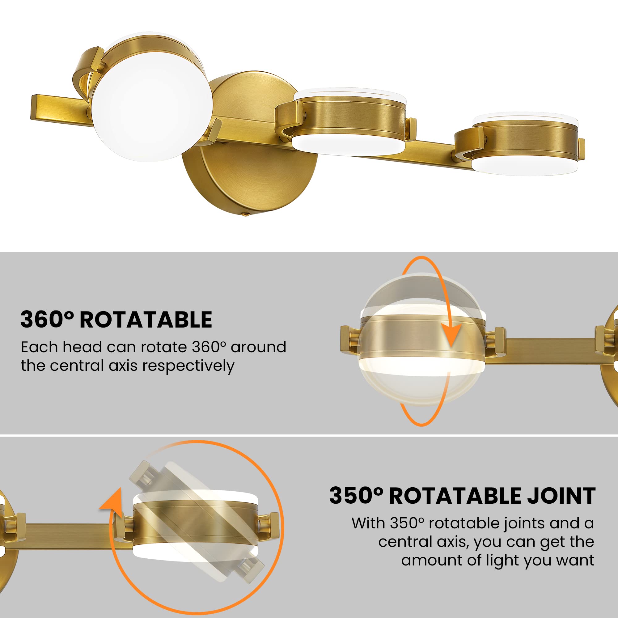 Brushed Gold 3-Light LED Vanity Mirror Lighting - 360° Rotatable 30W Dimmable Wall Mount Fixture (4000K) for Bathroom, Bedroom & Living Room | Modern Vanity Lights for Makeup, Shaving & Home Decor