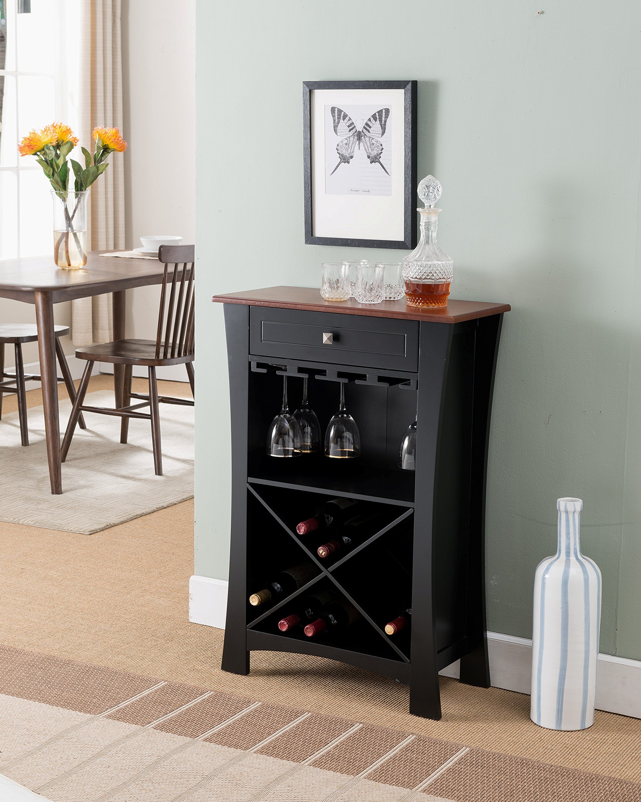 Hiland Bar Cabinet with Wine Storage, Glass Holders & Drawer - Black | Modern Home Bar Furniture for Living Room, Dining Room or Man Cave