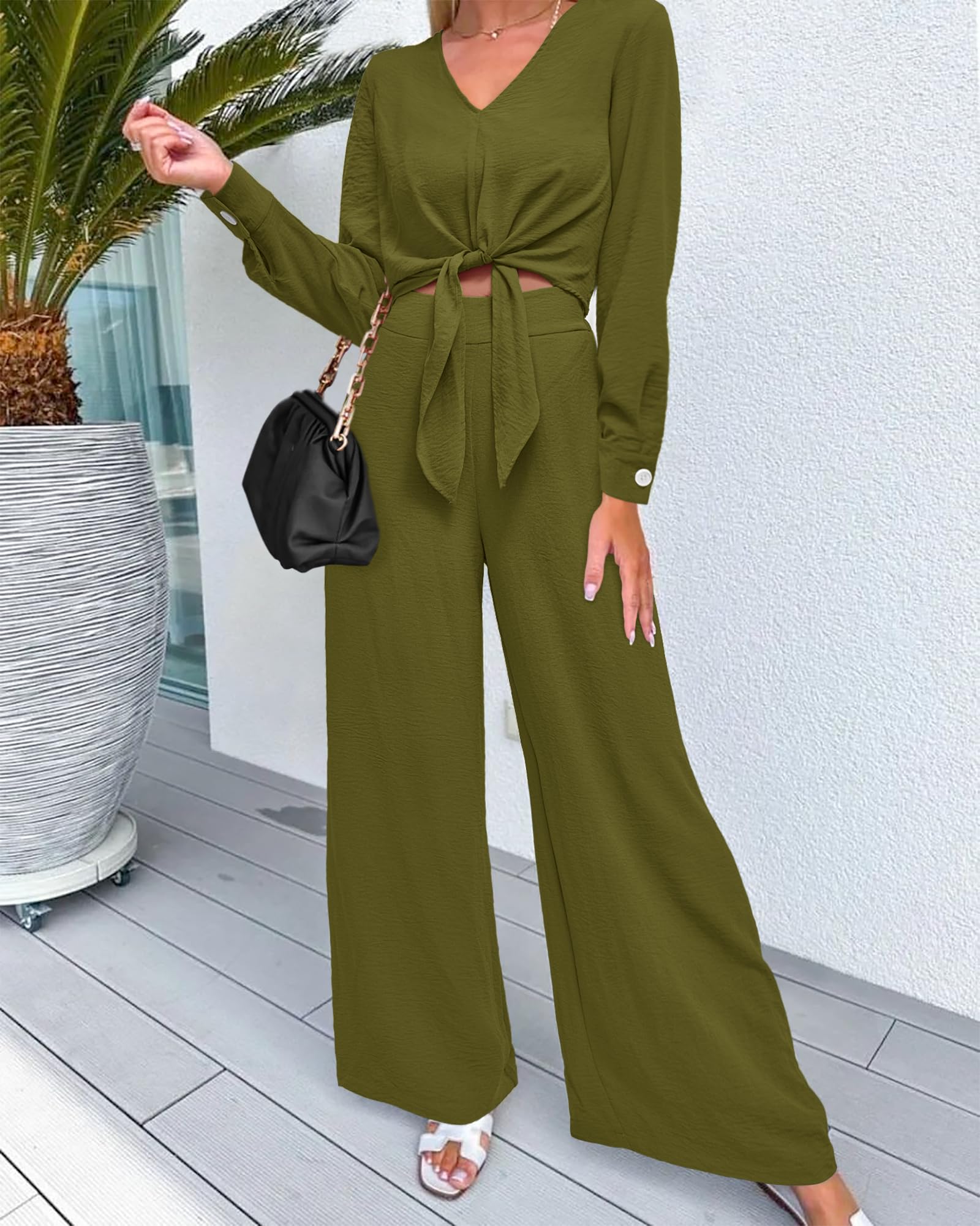 PRETTYGARDEN Women's 2 Piece Outfit Set - 2025 Spring Summer Casual Long Sleeve V Neck Crop Top with Wide Leg Palazzo Pants | Lounge Wear, Street Style, Office Outfits & Vacation Clothes