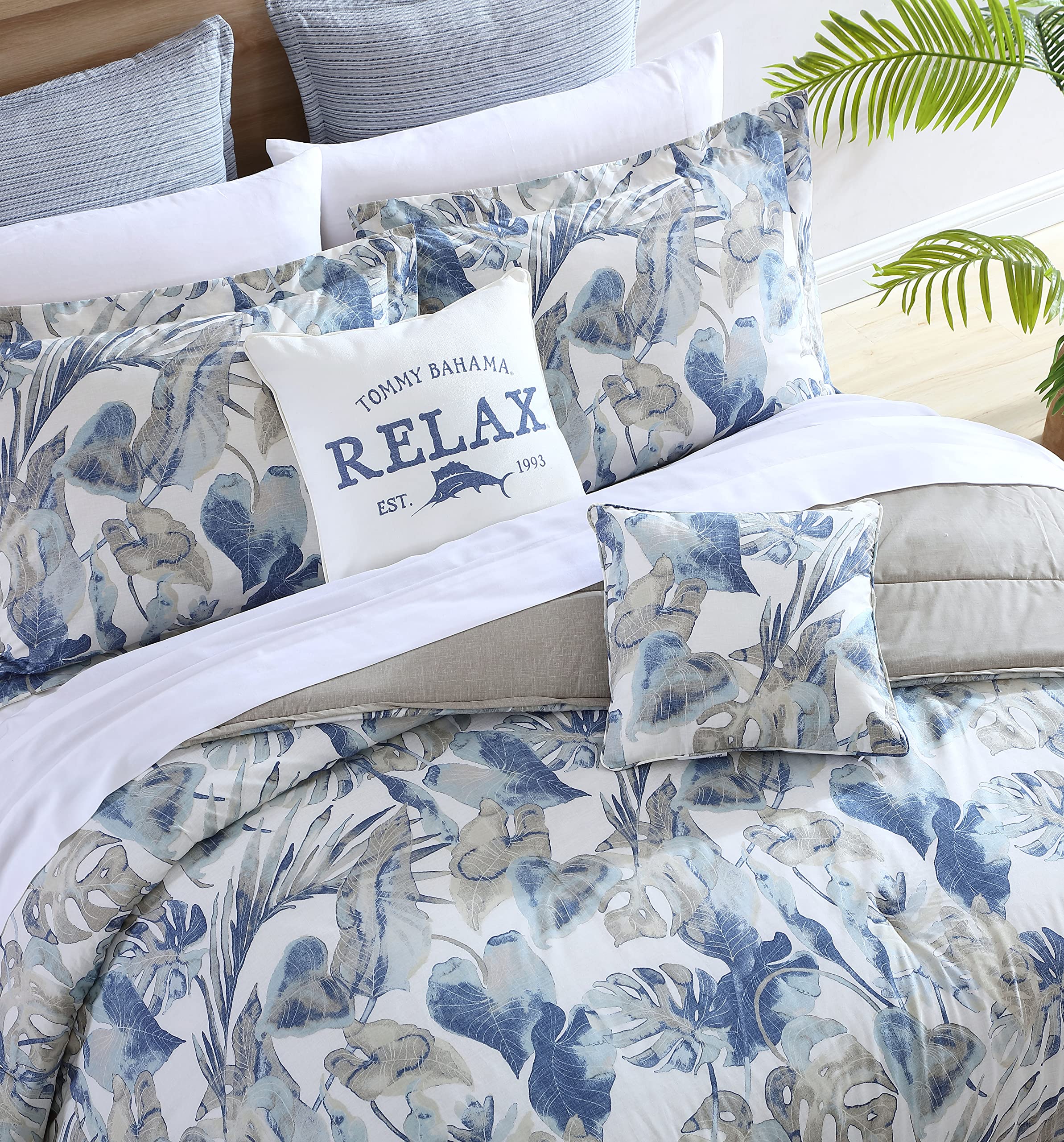 Tommy Bahama Queen Comforter Set - 100% Cotton Reversible Bedding with Matching Shams & Bedskirt | Ultra Soft Luxury Bedding for Master Bedroom (Raw Coast Blue, Queen Size) | Perfect for Coastal & Beach House Decor