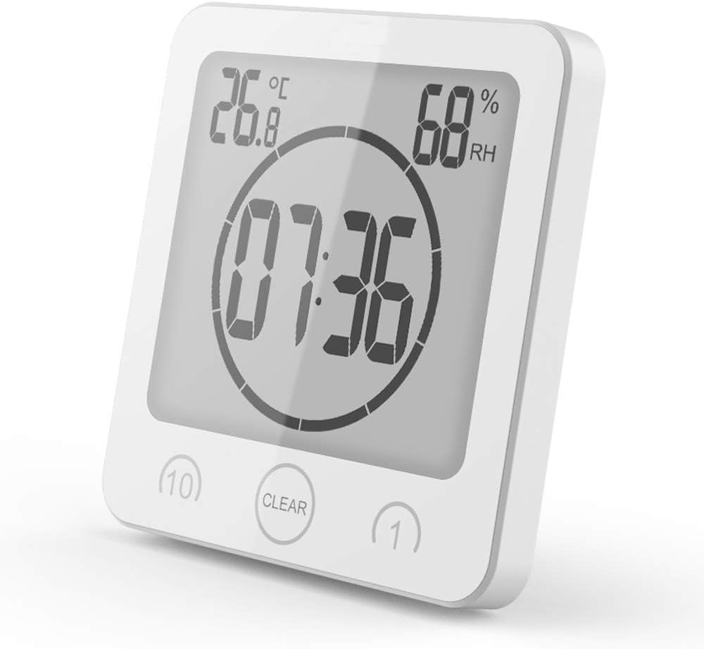 Waterproof Digital Shower Clock with Temperature & Humidity Display - Large LCD Touch Screen Wall Clock with Suction Cup & Timer - Perfect for Bathroom, Indoor Countertop, Spa & Home Decor (White)