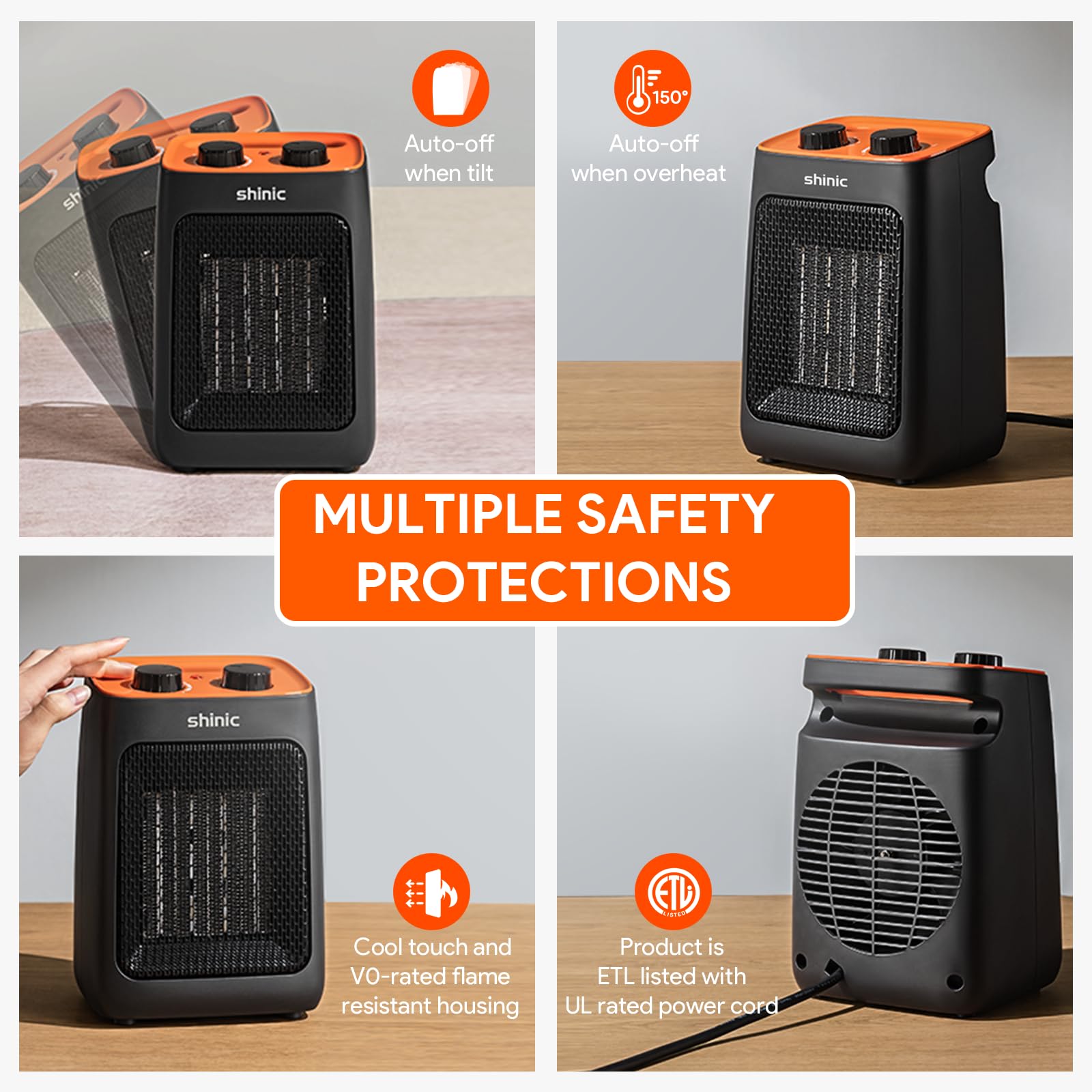 Shinic 1500W/750W PTC Ceramic Space Heater with Thermostat - Portable Electric Heater for Fast Quiet Heating - Perfect for Office, Bedroom, Home & Indoor Use (Orange) - Stay Warm While Working, Sleeping or Relaxing