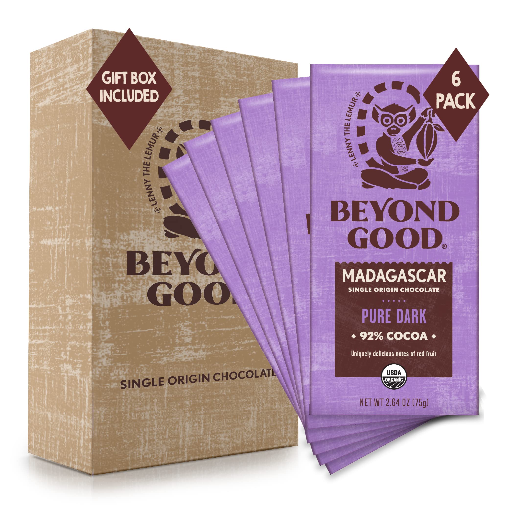 Beyond Good Organic Dark Chocolate Bars 6-Pack | 92% Single Origin Madagascar Heirloom Cacao | Vegan, Kosher, Non-GMO, Direct Trade | Perfect for Baking, Gifts & Healthy Snacking