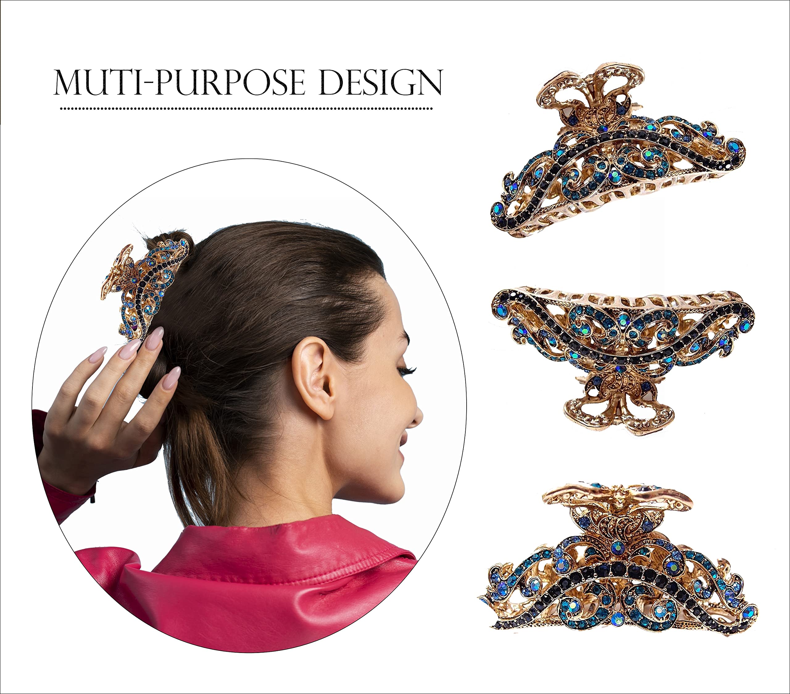 Antique Gold Plated Rhinestone Hair Clips for Women - Crystal Hair Claw Clamp with Non-Slip Design for Thin & Thick Hair - Elegant Hair Accessories for Parties, Weddings & Everyday Styling