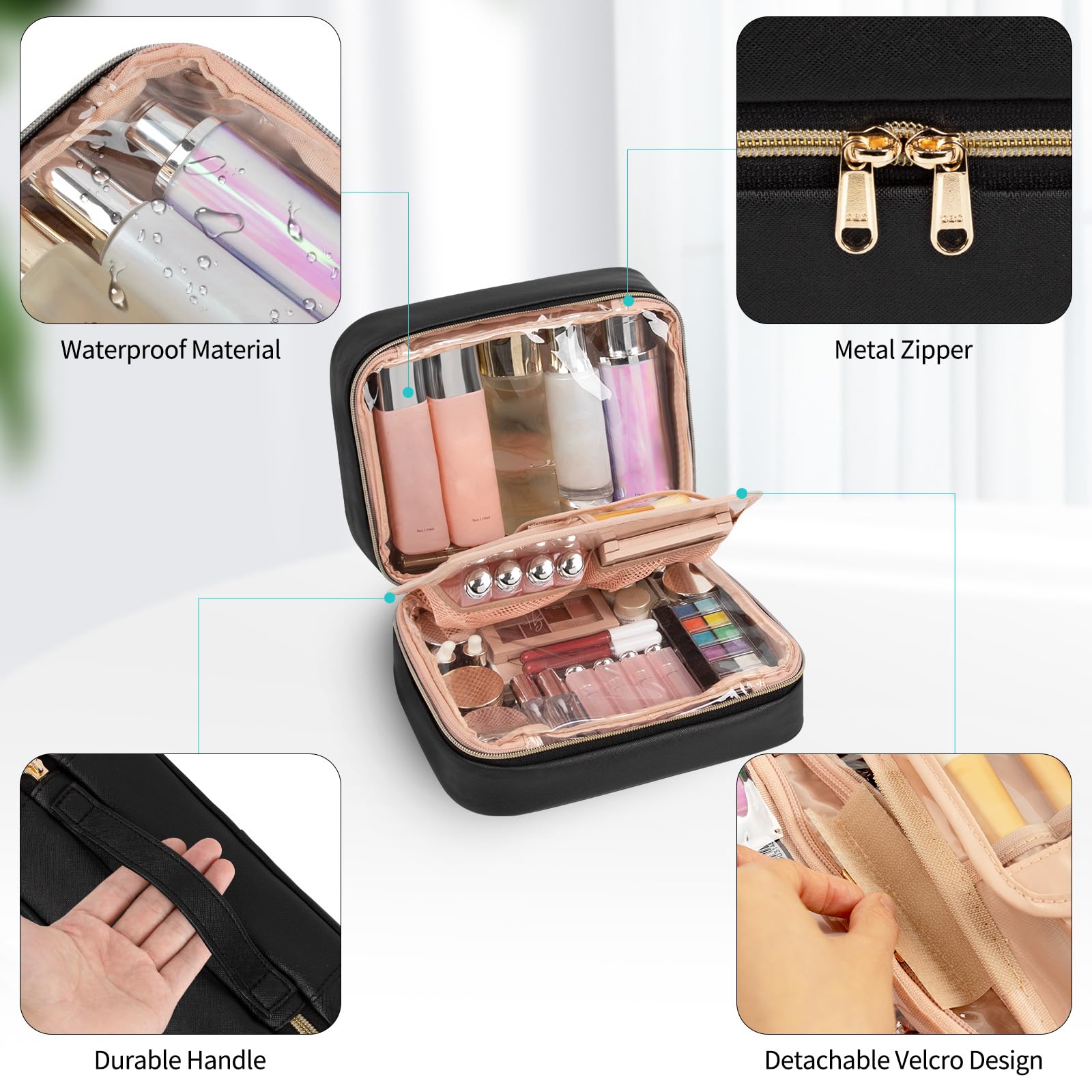 OCHEAL Waterproof Makeup Bag for Travel, Large Capacity Cosmetic Organizer with Brush Compartment - Black, Perfect for Women's Toiletry & Beauty Essentials