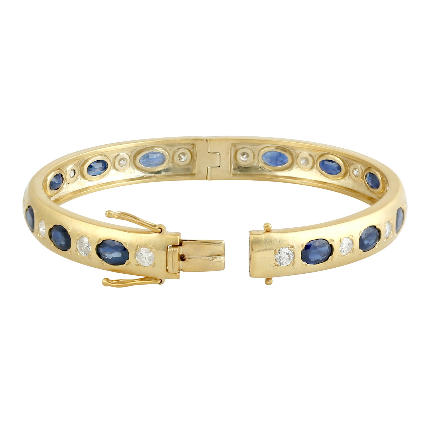 10K Yellow Gold Oval Cut Blue Sapphire Bezel Set Diamond Wedding Bangle for Women - Elegant Bridal Jewelry Gift for Anniversary, Engagement & Special Occasions