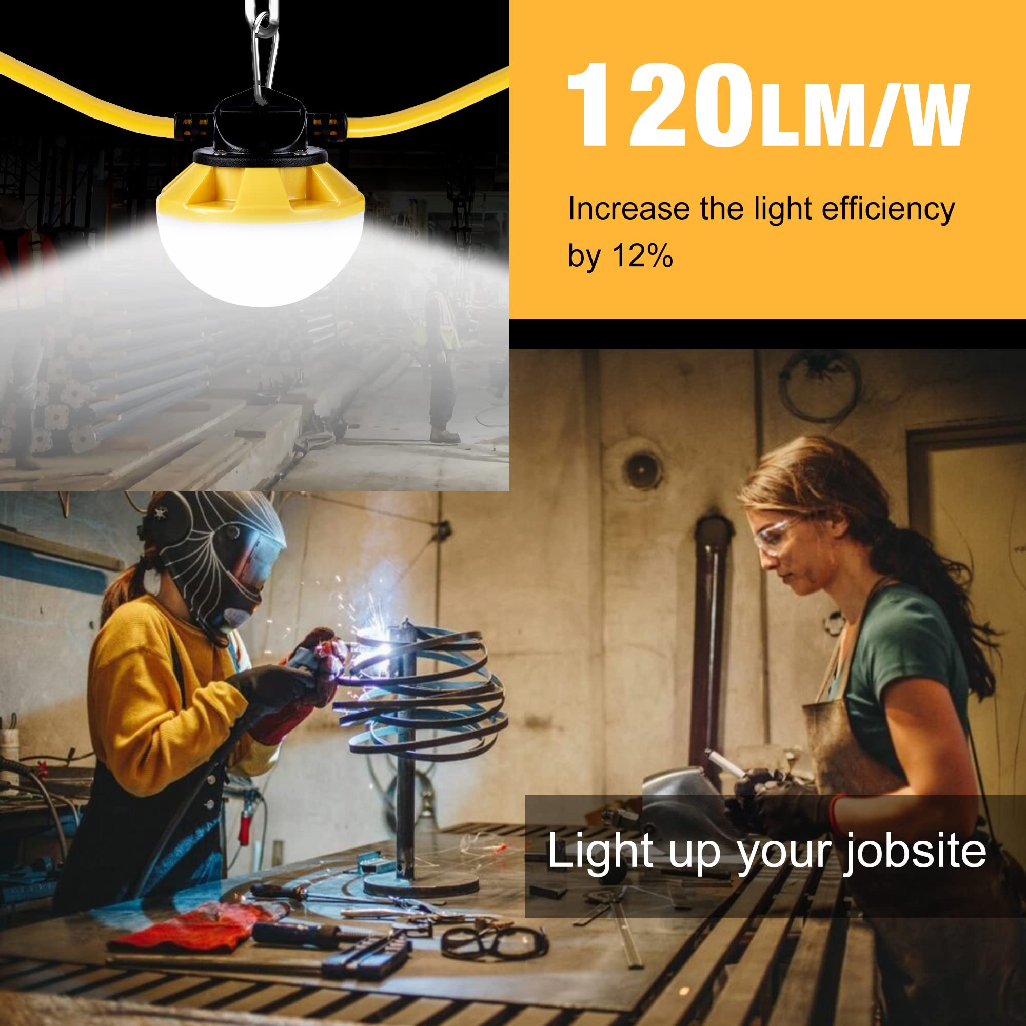 100FT LED Construction String Lights - IP65 Waterproof, ETL Certified 5000K Daylight Work Lights with 18AWG Wire - Linkable Temporary Lighting for Jobsite (10 Bulbs & Hooks Included) - Perfect for Construction Sites, Outdoor Events, Backyard Parties and Emergency Lighting