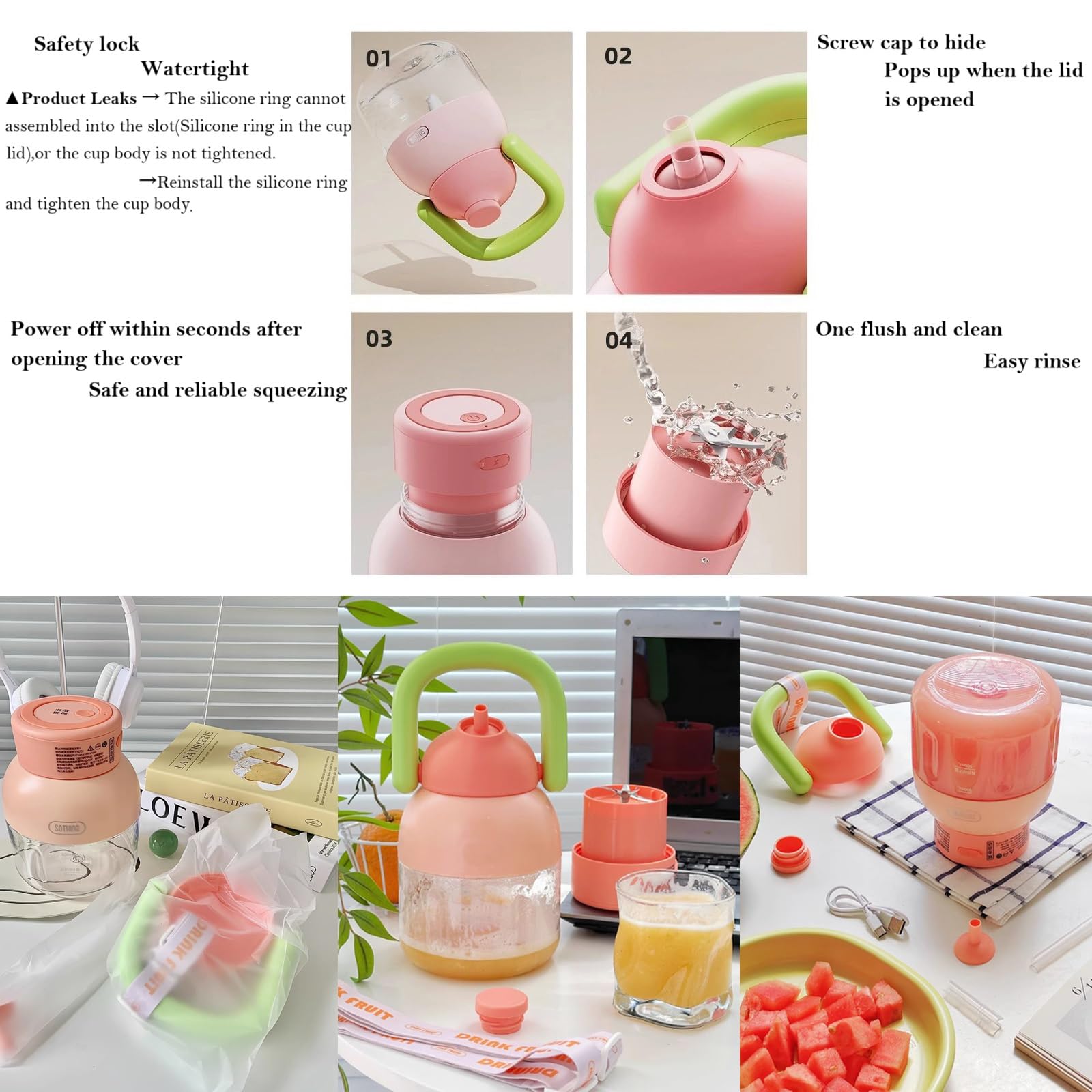 41oz Portable Blender for Shakes & Smoothies - Leakproof Travel Water Bottle with Removable Straw, Handle & Shoulder Strap - BPA Free USB-C Rechargeable Cordless Juicer (Pink) - Perfect for Gym, Office & Outdoor Activities