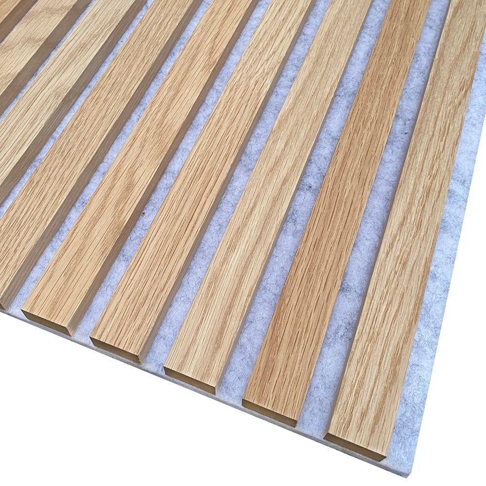 WOODFLEX Flexible Acoustic Wood Slat Panel - 3 Sided Oak Veneer on Light Grey - 2700mm x 600mm - Soundproof Wall Panels for Home Theater, Office & Studio Decoration