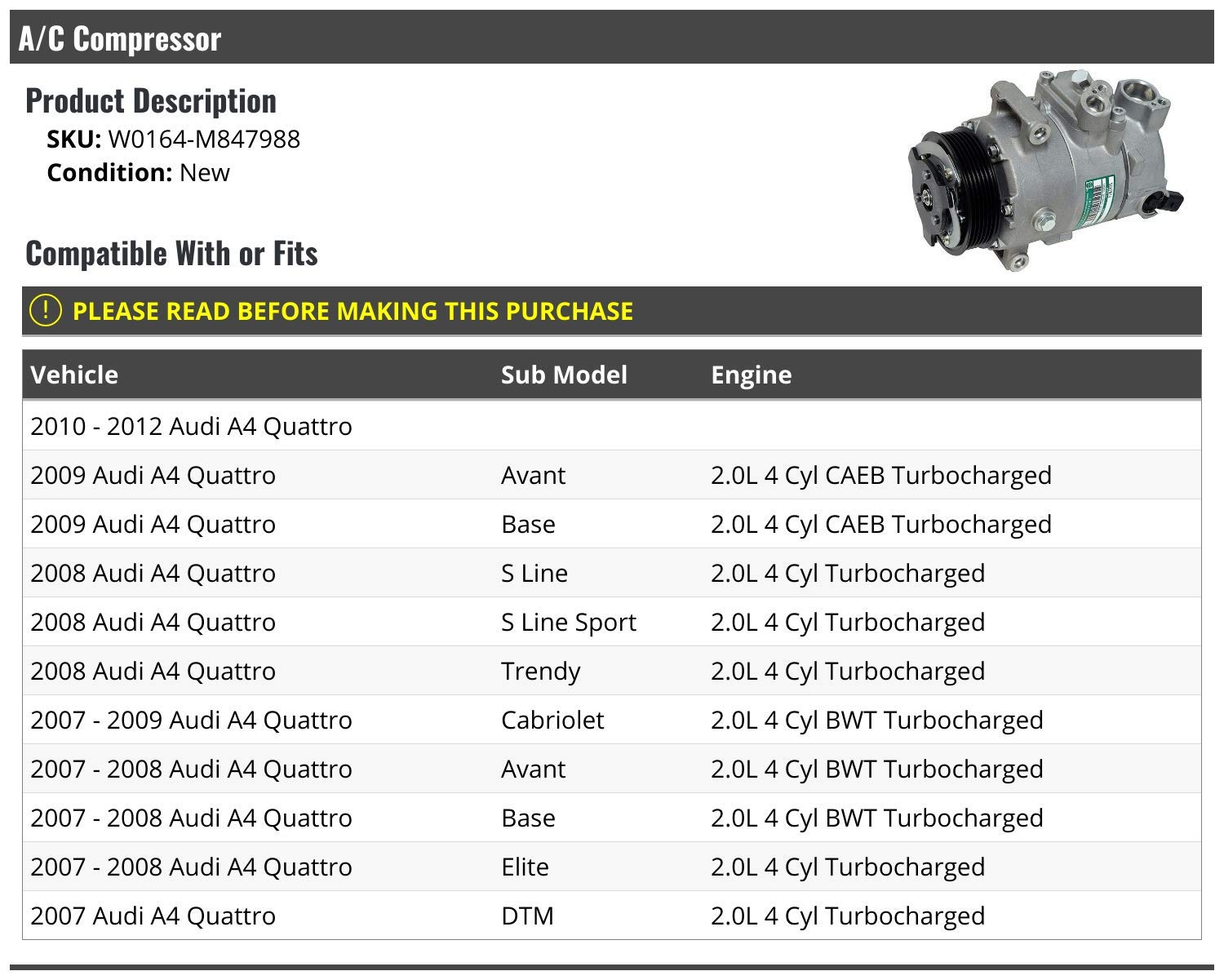 A/C Compressor for 2007-2012 Audi A4 Quattro - Replacement Auto Air Conditioning Compressor - Perfect for Summer Cooling & HVAC System Repair