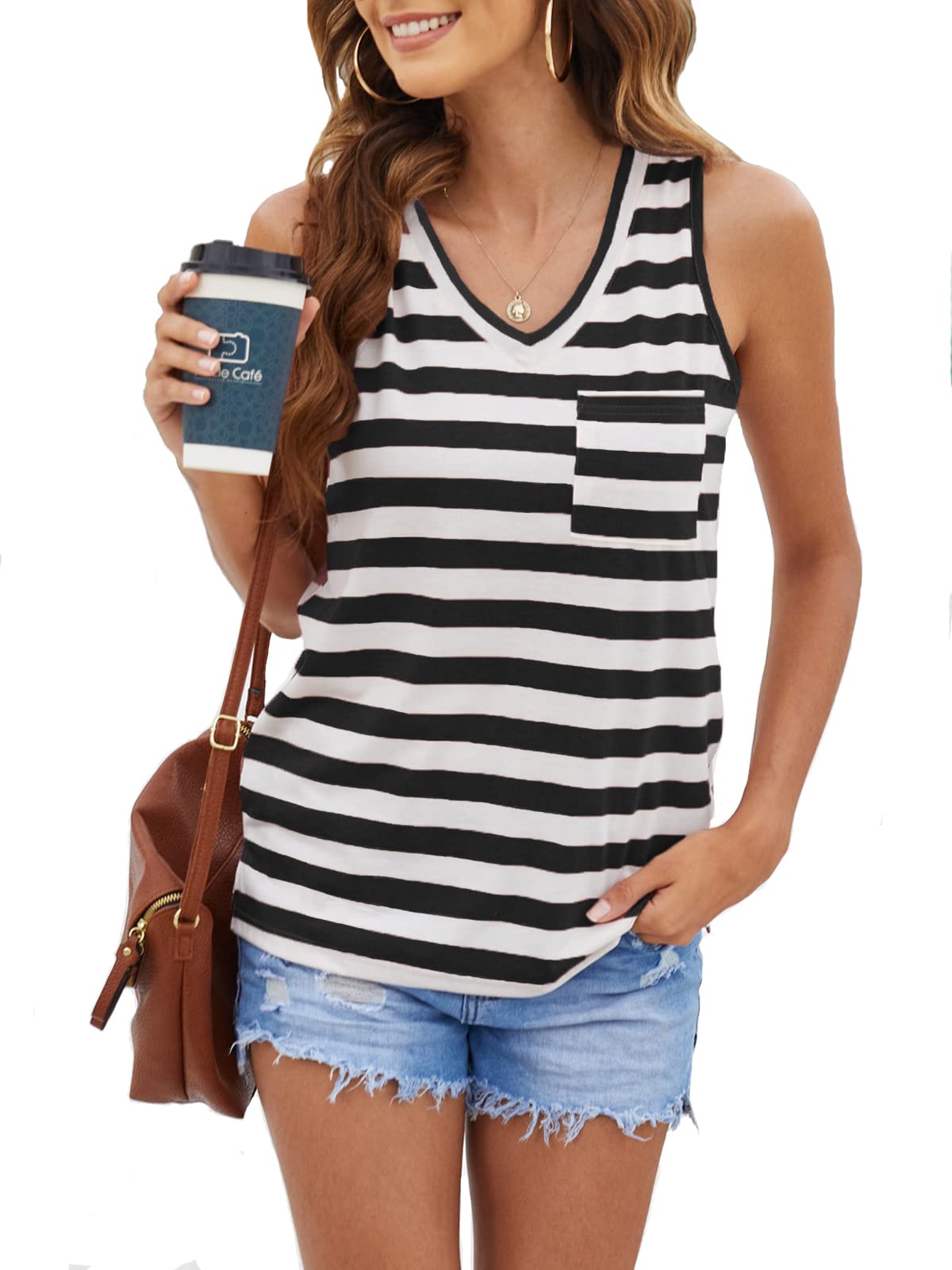Women's Casual Summer V-Neck Sleeveless Striped Tank Top - Breathable Comfort Shirt for Beach, Travel & Everyday Wear