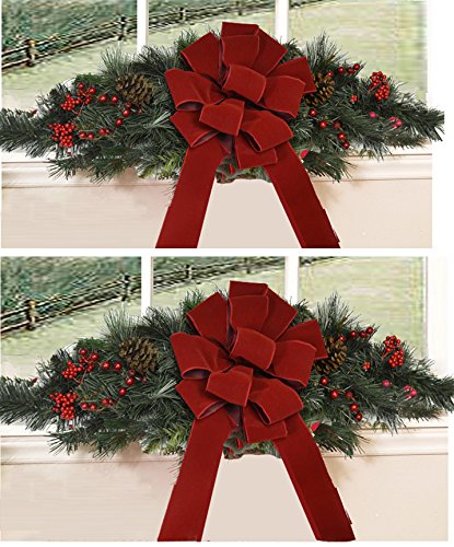 2-Pack Christmas Window Swags with Red Velvet Ribbon - Festive Holiday Home Decor for Windows, Doors & Mantels