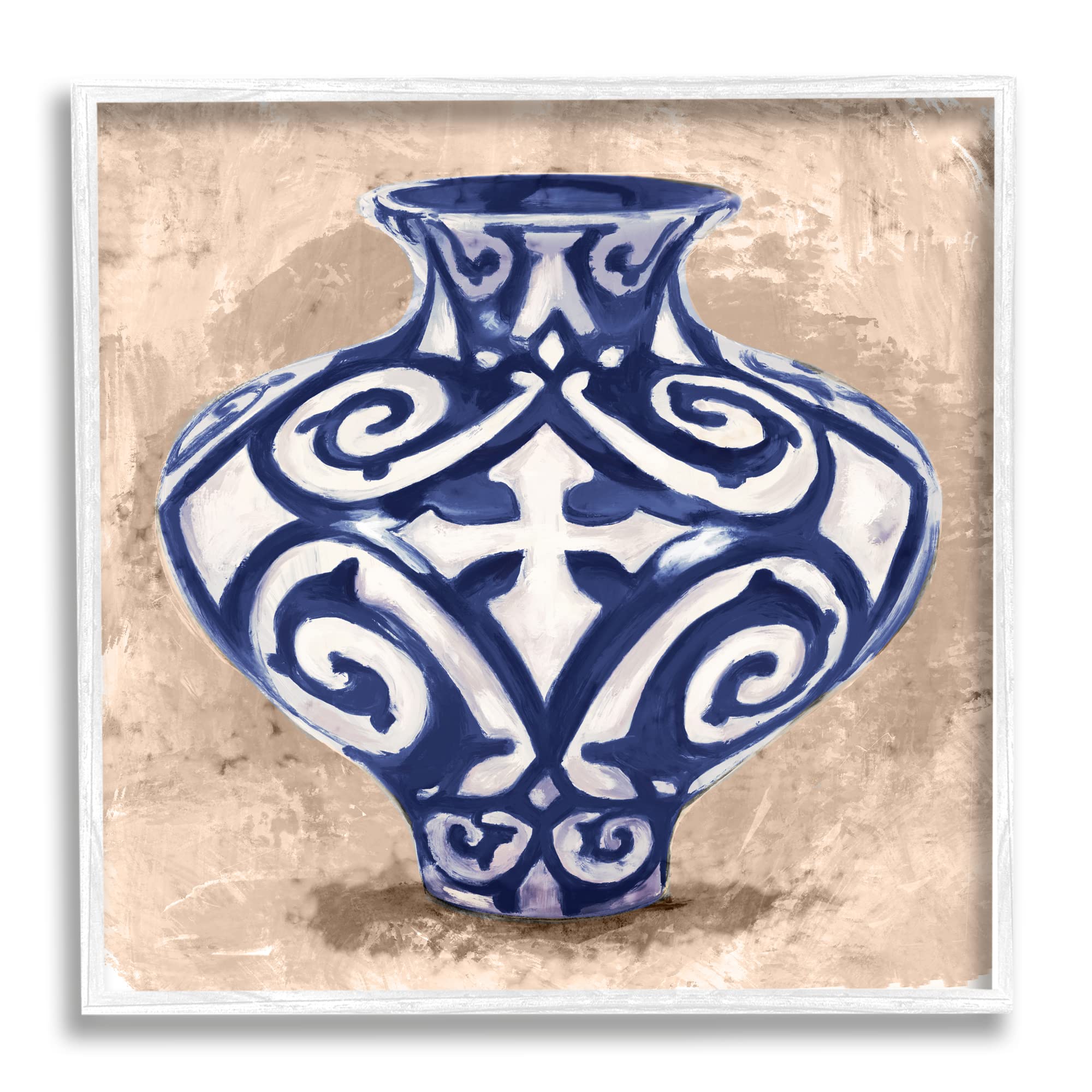 Stupell Industries Modern Ceramic Vase Still Life Wall Art - Distressed Brown Pattern, White Framed, 17x17 Inches, Blue | Home Decor, Living Room, Bedroom, Office Wall Art