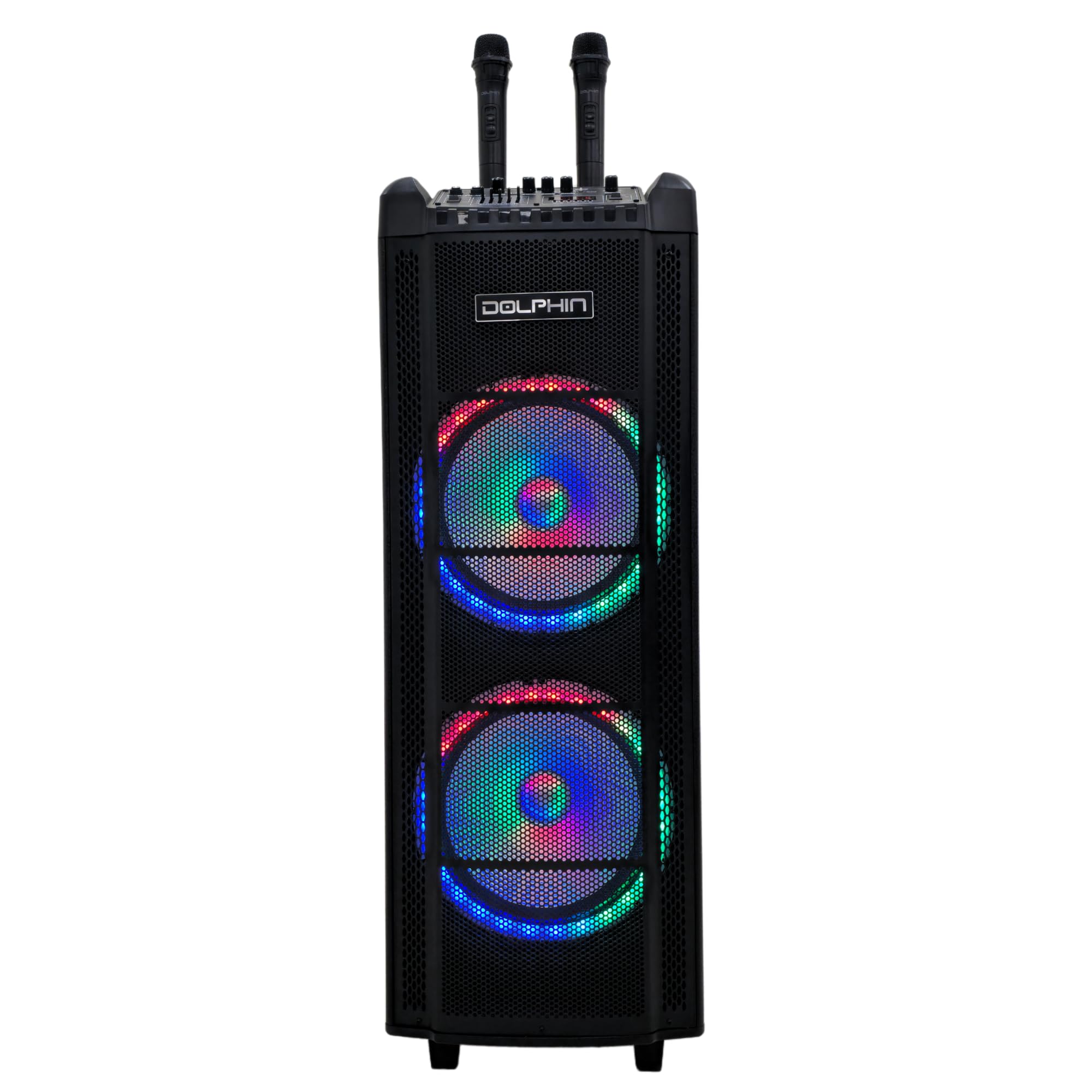 Dolphin SP-2130RBT Dual 12” Rechargeable Bluetooth Karaoke Speaker with 2 Wireless Mics & LED Lights - Portable PA System for Home Parties, Outdoor Singing & Events