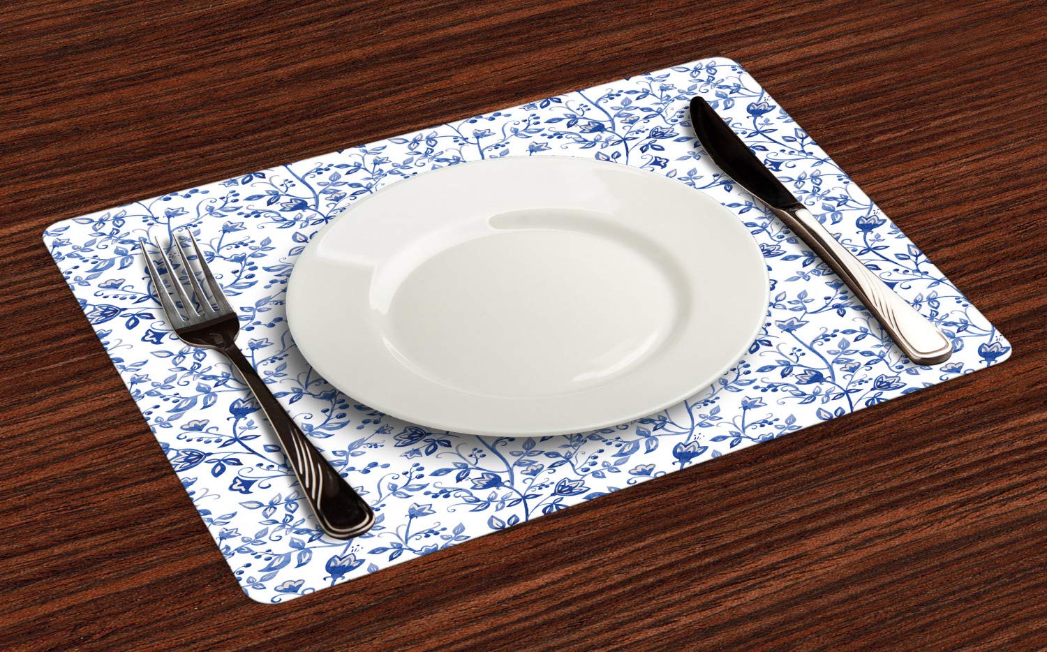 Ambesonne Watercolor Placemats Set of 4 - Floral Long Branch Design with Buds & Leaves, Washable Fabric Table Mats for Dining Room, Standard Size (Blue, White & Ceil Blue) - Perfect for Spring Decor, Dinner Parties & Everyday Meals