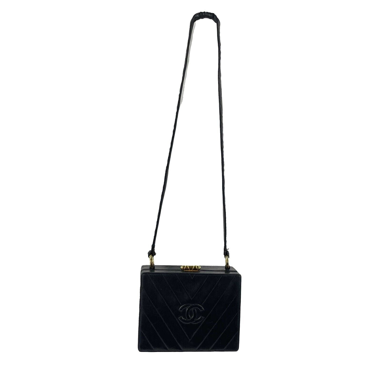 Vintage CHANEL Black Leather CC Box Shoulder Bag with V Stitching - Crossbody Purse for Women | Perfect for Date Night, Parties & Everyday Elegance