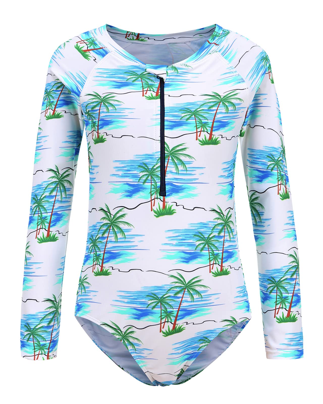 Girls Long Sleeve One Piece Swimsuits UPF 50+ Sun Protection - Hawaiian Print Rash Guard Swimwear for Kids - Perfect for Beach, Pool, and Summer Water Activities