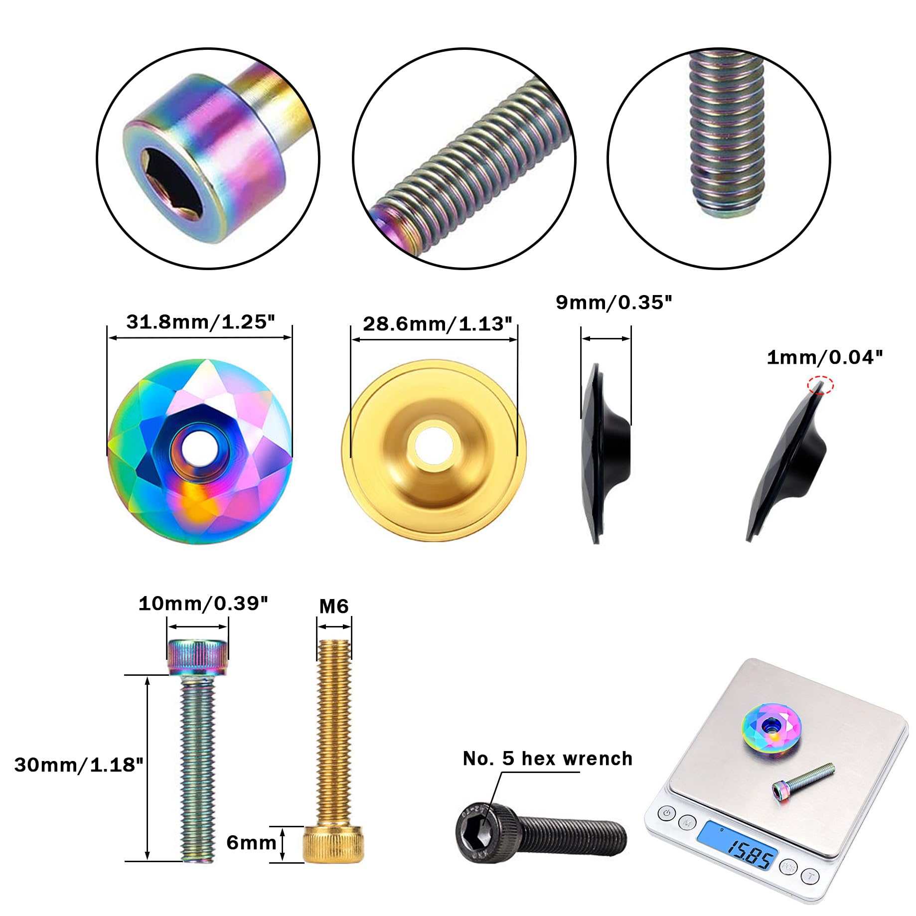 KingSea 1 1/8 Inch Bicycle Headset Top Cap with Bolts - M6x30mm Rainbow Bike Stem Cap Cover & Headset Screws for MTB, Road, XC, FR Bikes | Durable Upgrade for Smooth Riding & Easy Installation